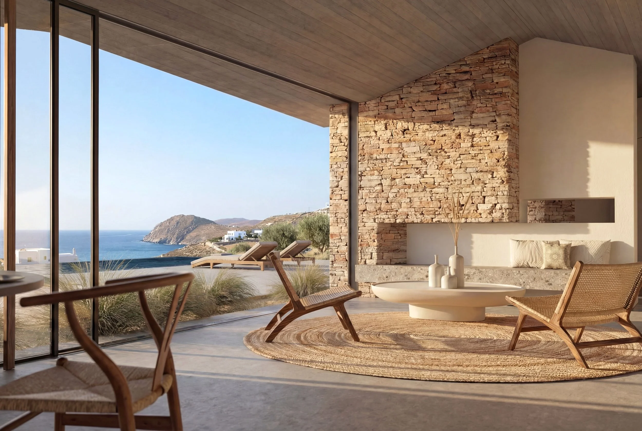 3D interior rendering of a coastal living room with a stone fireplace, timber chairs and sea views.