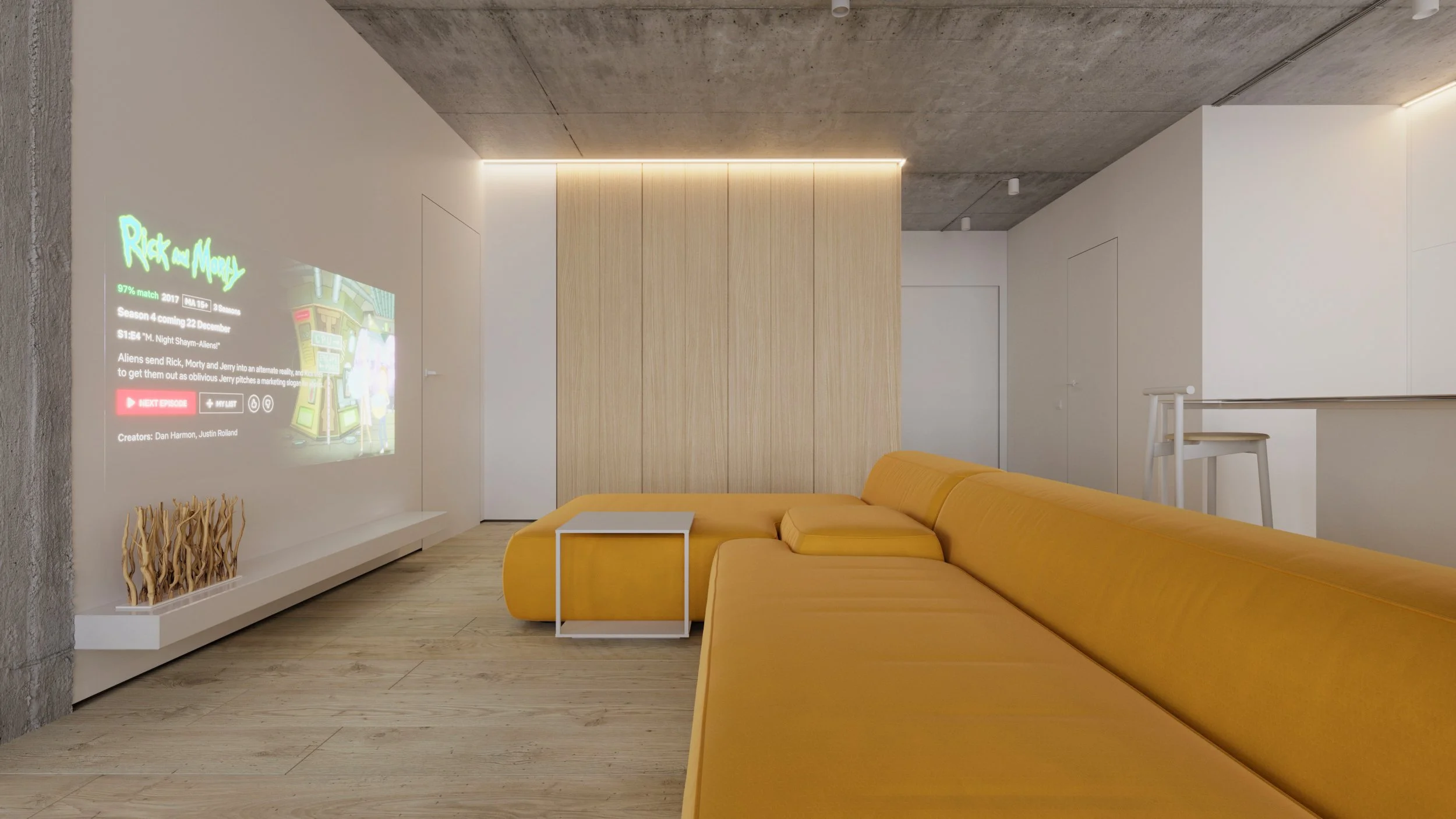 3D living room rendering with a yellow sectional sofa and a projected screen on a concrete wall.