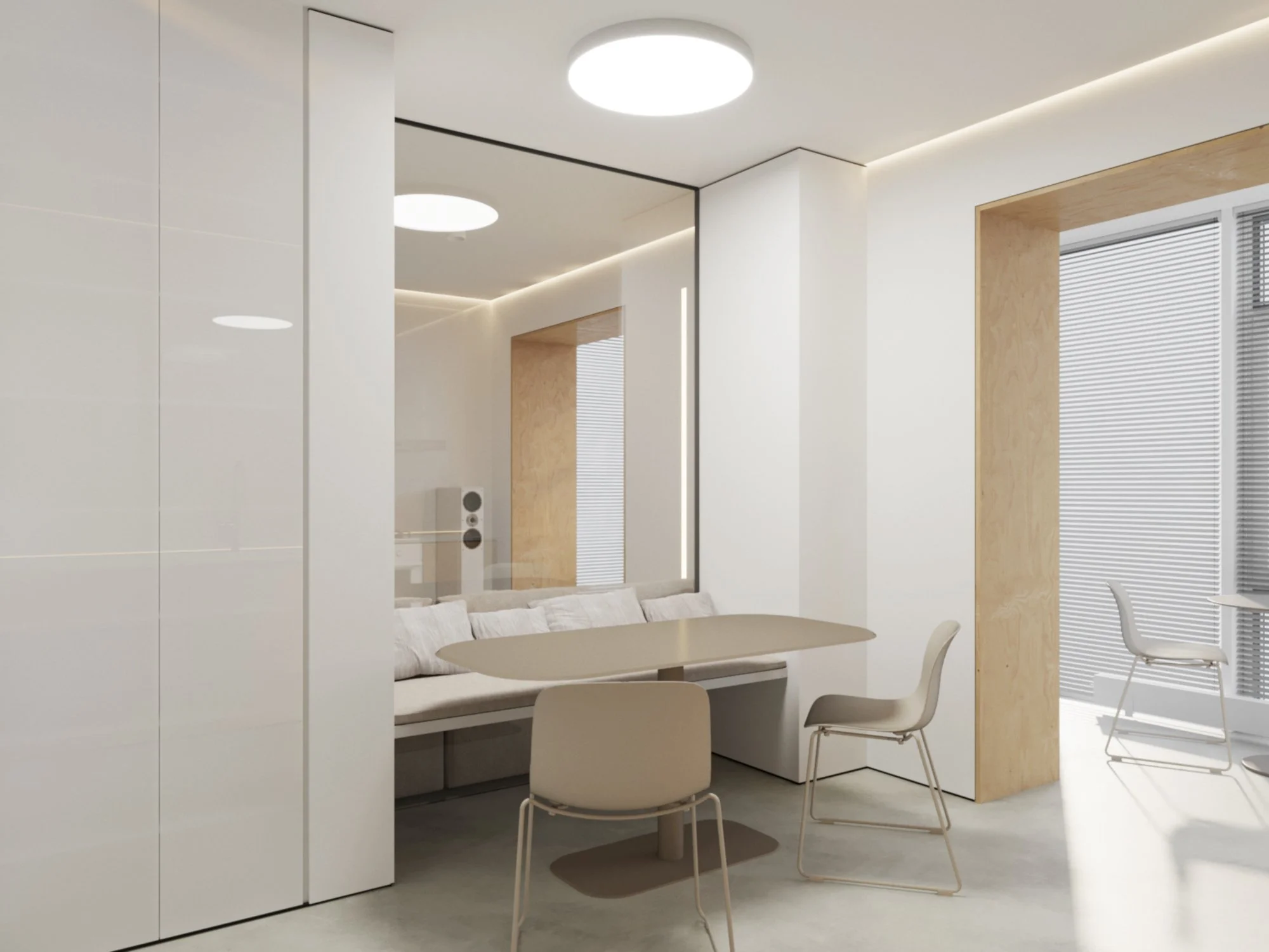 3D interior rendering of the Salut apartment dining area with a mirrored wall and white cabinetry.
