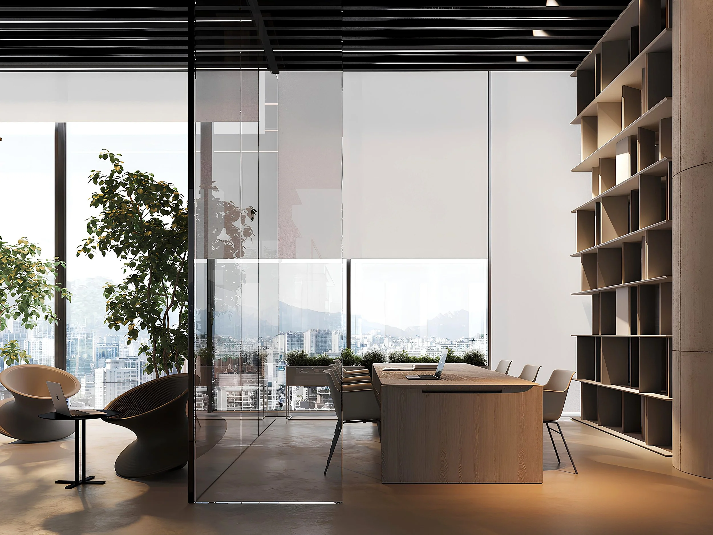 3D office rendering with a curved timber desk, glass partition, shelving and full-height windows.
