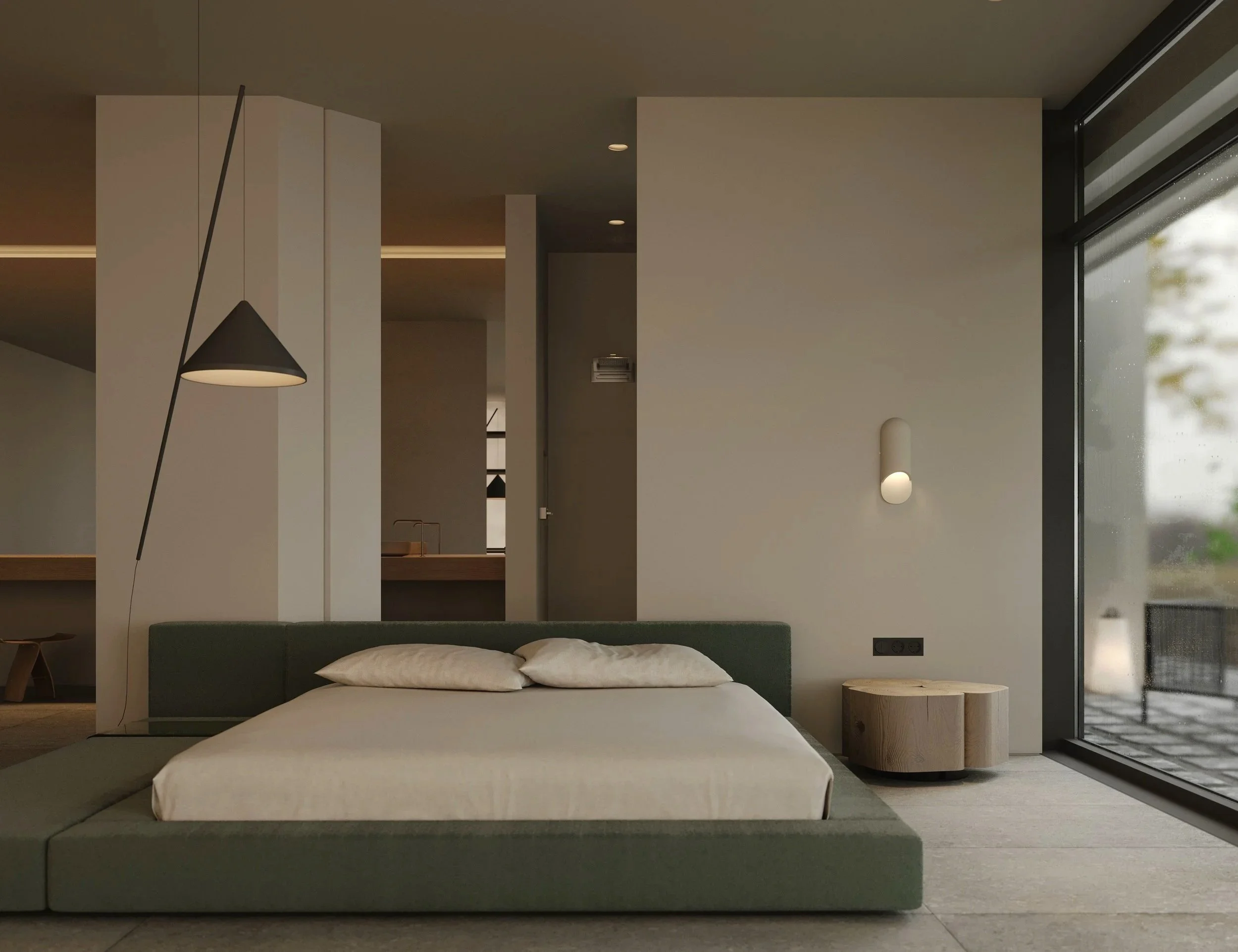 3D bedroom rendering with a green upholstered bed, pendant light and full-height window.