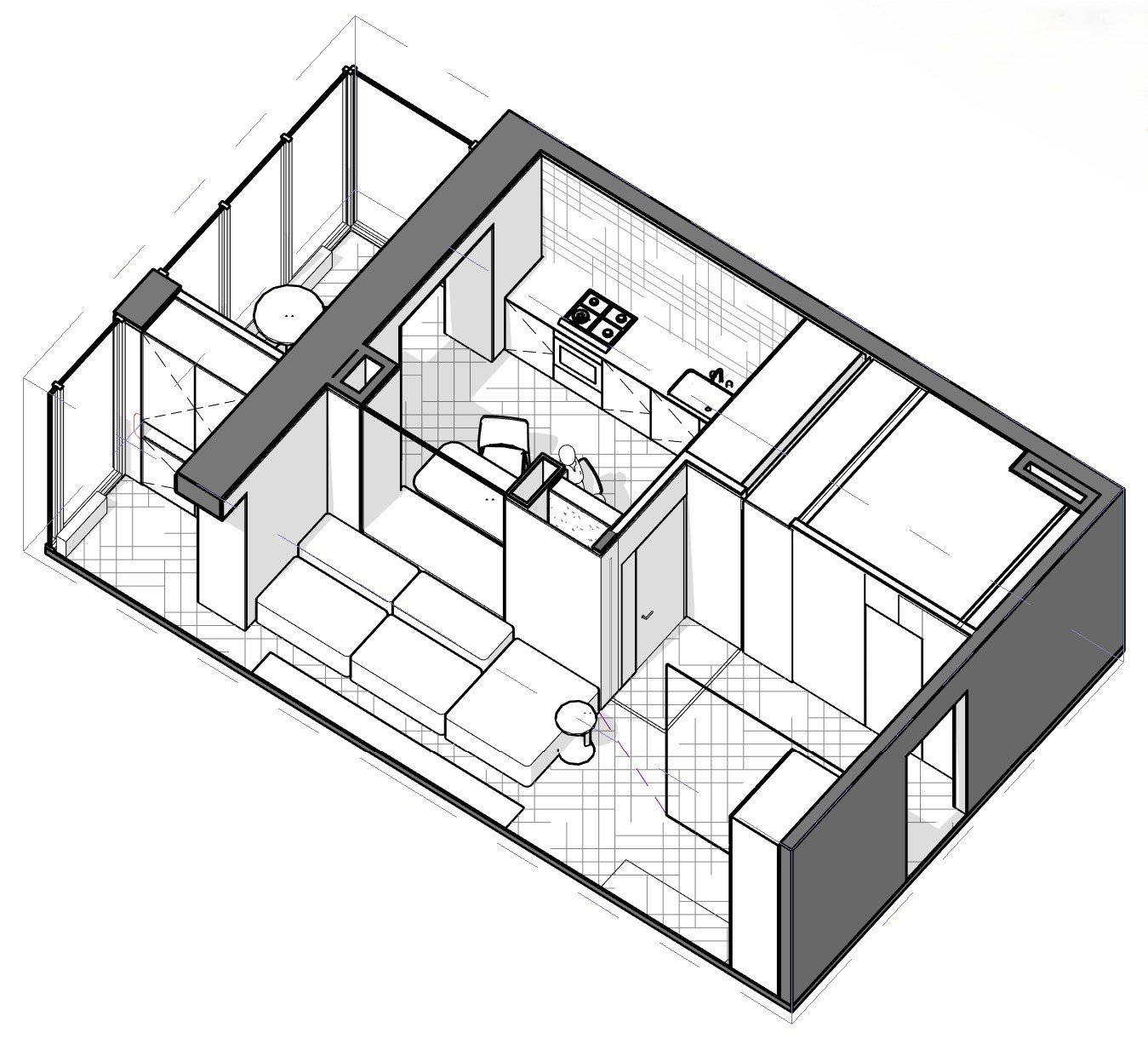 Axonometric 3D floor plan of the Salut apartment showing the kitchen, bathroom and adjoining rooms.