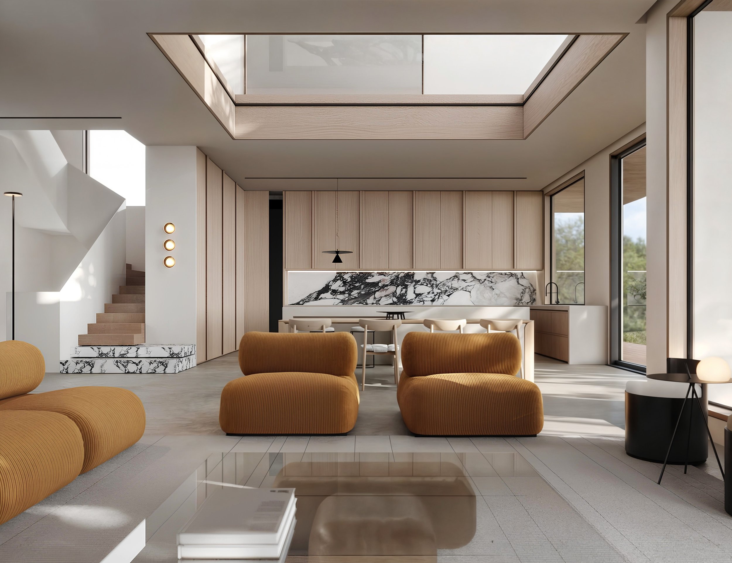 3D interior rendering of a modern open-plan living room with mustard seating, a skylight and a marble kitchen.