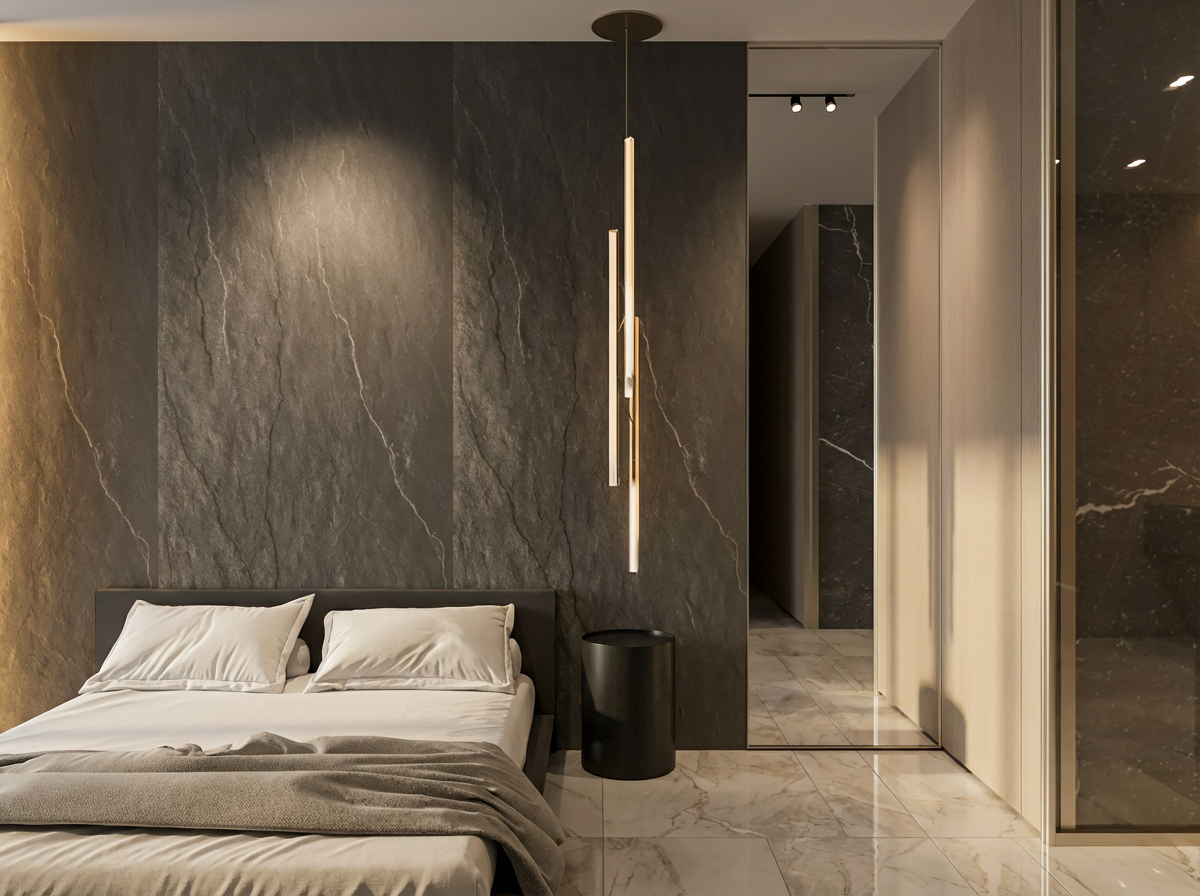3D bedroom rendering for the Globy apartment with a dark stone-effect feature wall and pendant lights.