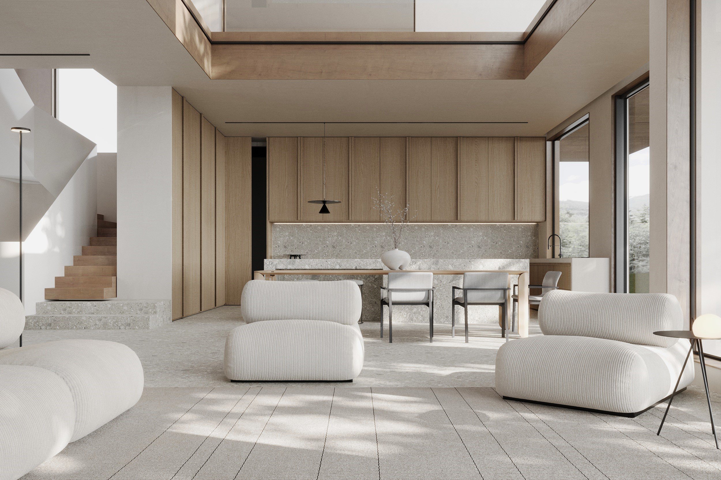 Interior design visualization of an open-plan living room with white seating, a skylight and a marble kitchen.