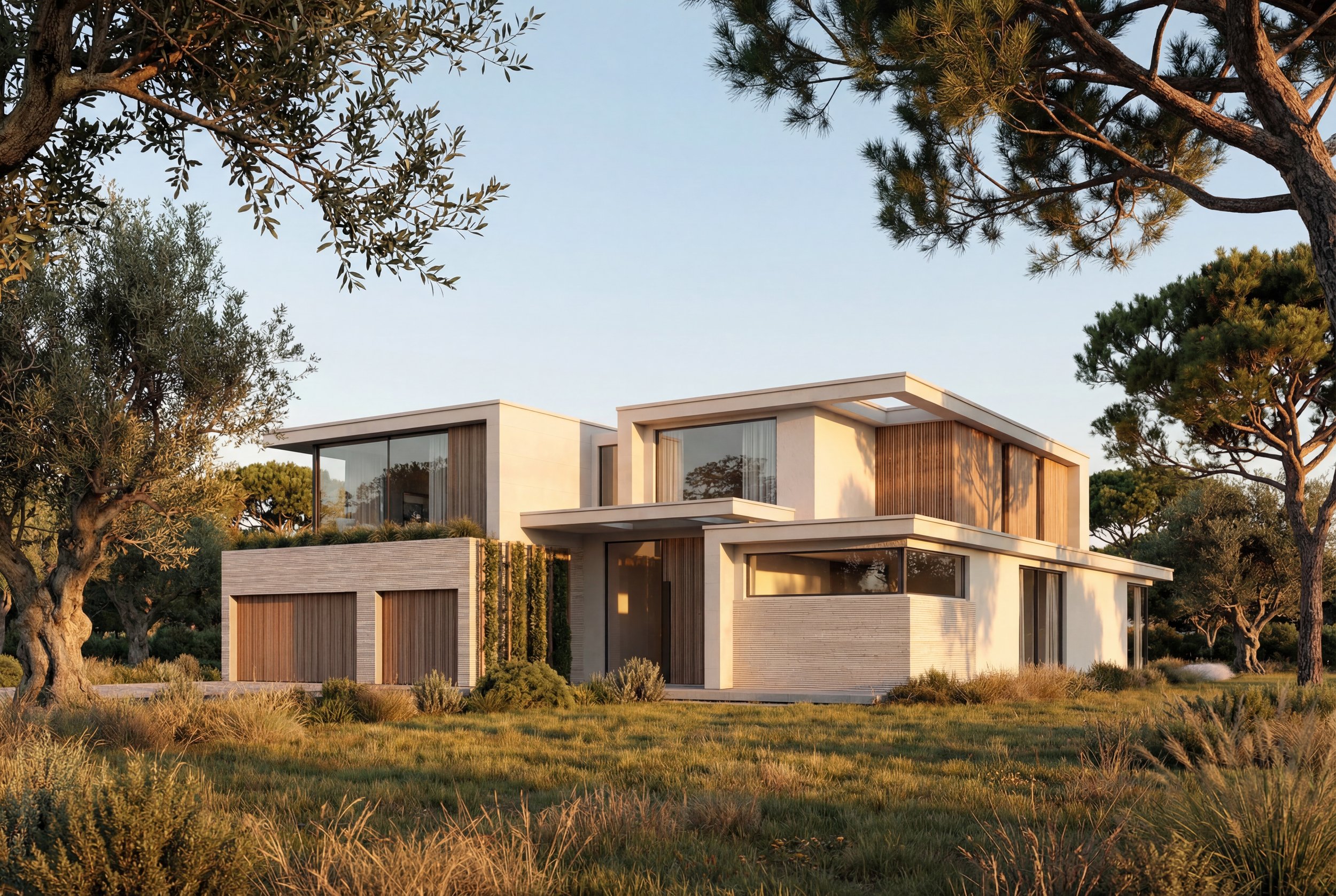 Architectural exterior rendering of a modern two-storey home with timber cladding, large windows and trees.