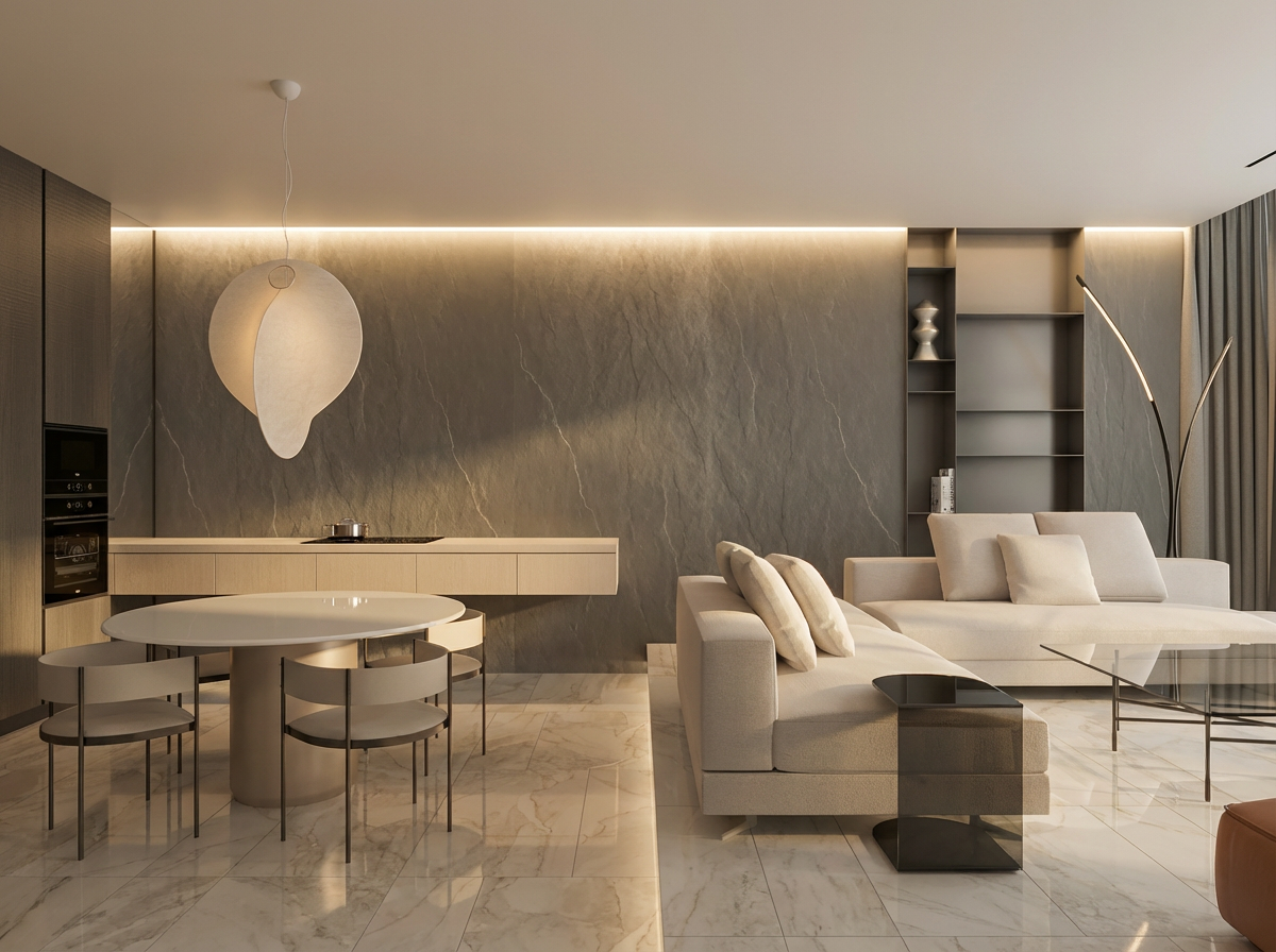 3D rendering of the Globy apartment dining and living area with a pendant lamp and dark textured wall.