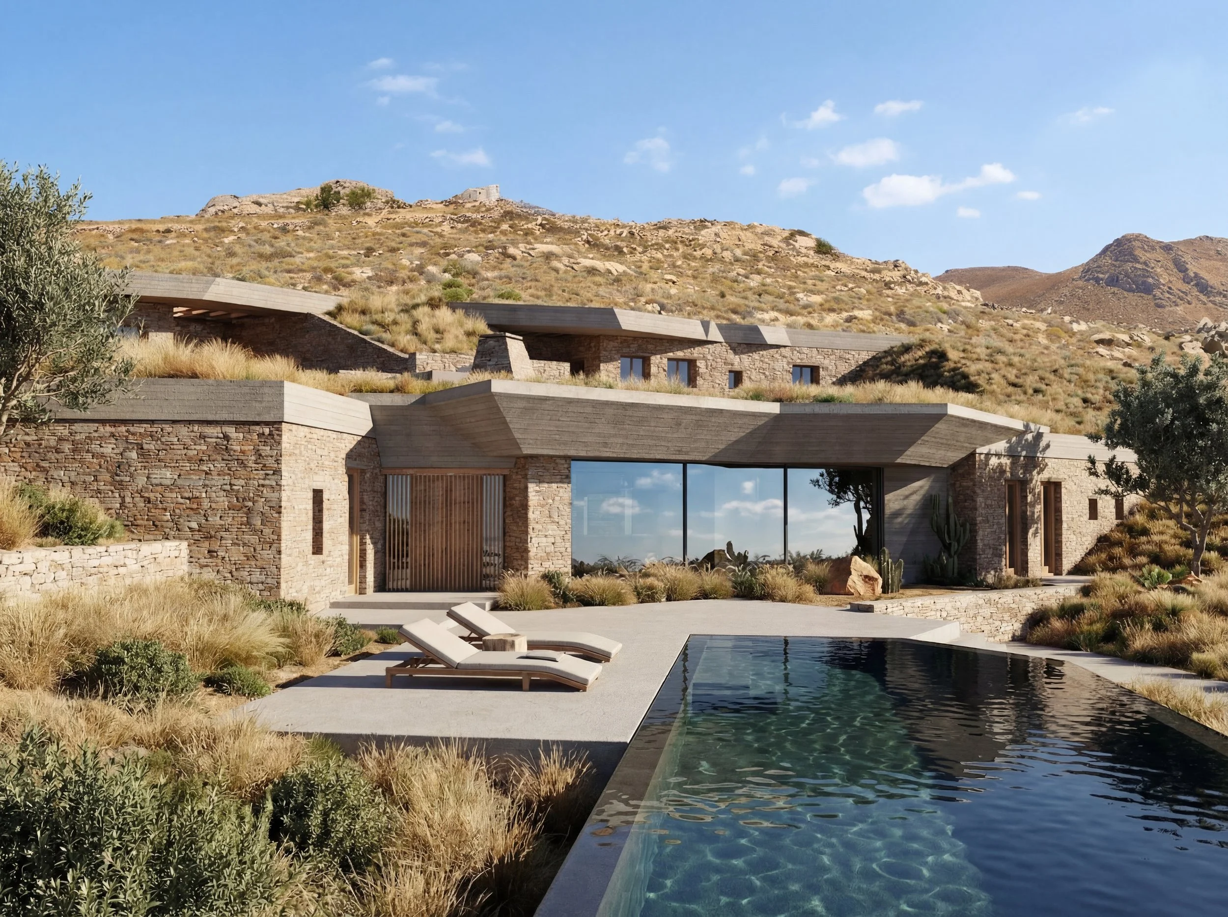 Architectural exterior rendering of a stone villa with a swimming pool and planted hillside landscaping.