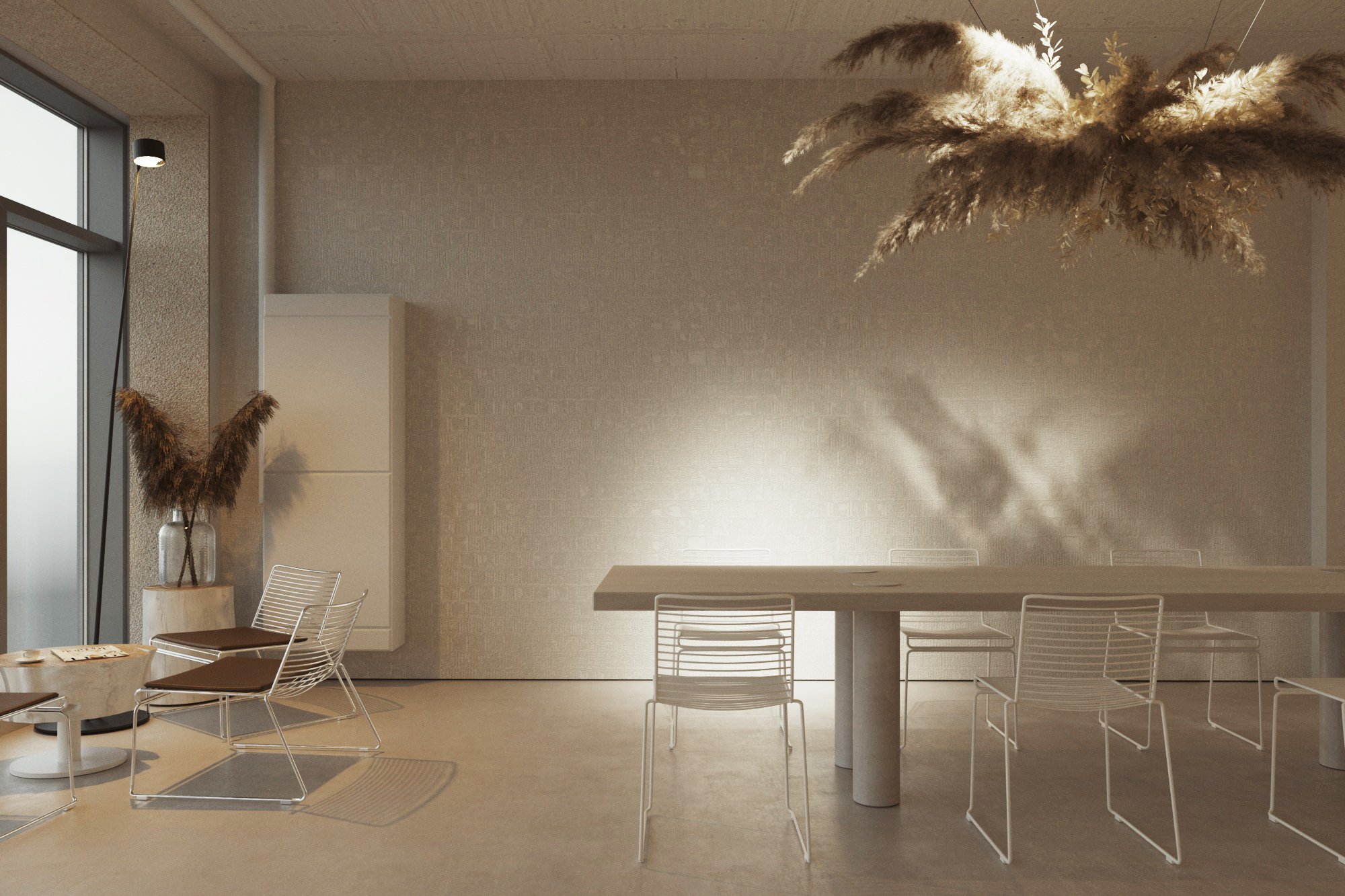 3D rendering of Zerno Coffee Shop window seating with tables, wire chairs and a dried floral installation.