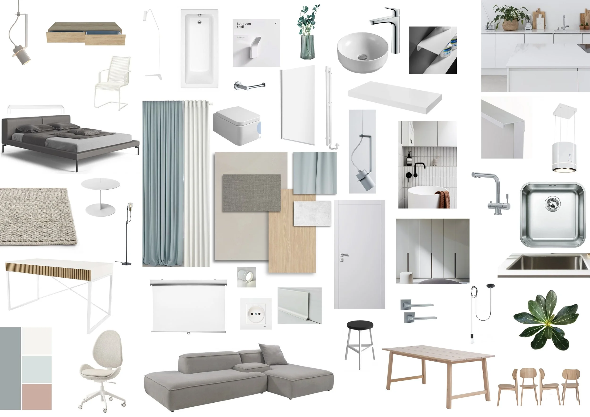 Interior design mood board for the Kakhovska apartment with furniture, lighting, materials and bathroom fixtures.