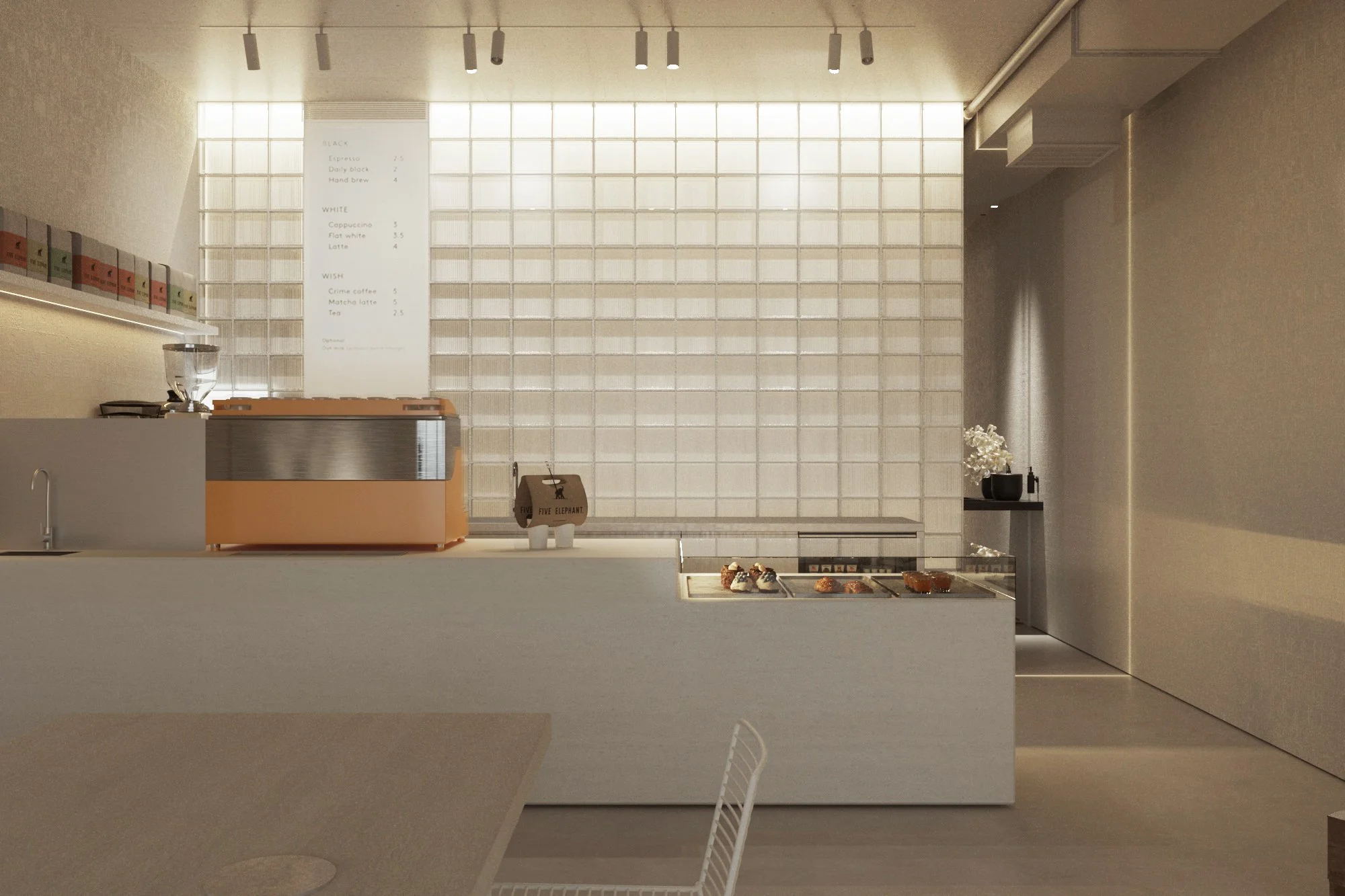 3D rendering of the Zerno Coffee Shop service counter with an espresso machine and glass-block wall.
