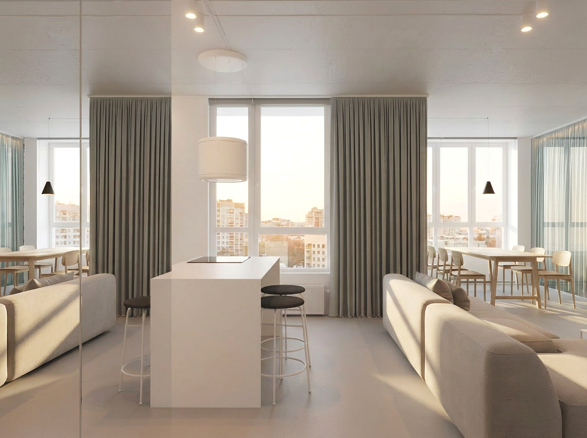 3D rendering of the Kakhovska apartment kitchen and dining area with an island and full-height curtains.