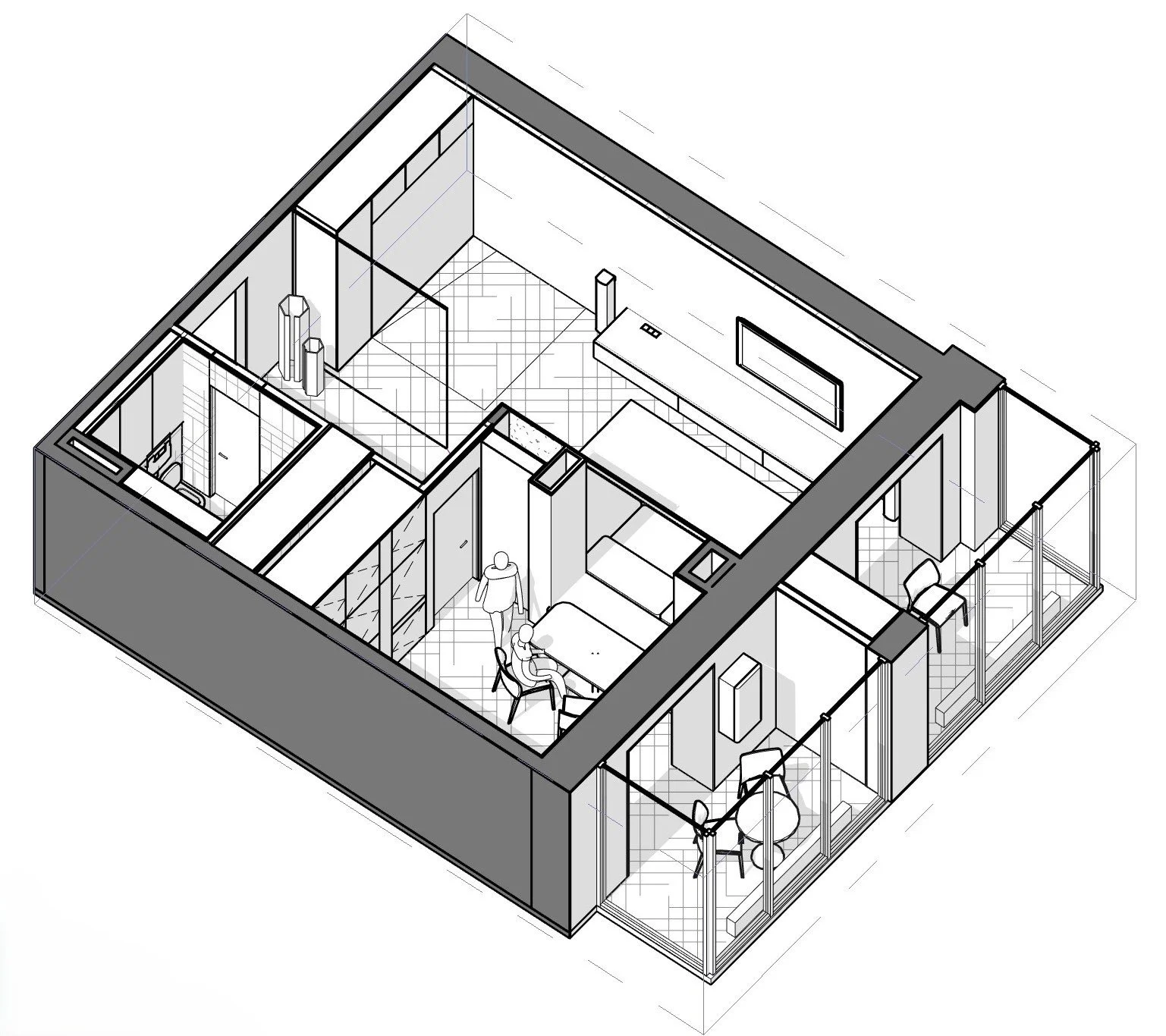 Axonometric 3D floor plan of the Salut apartment showing the living area, bedroom and circulation.