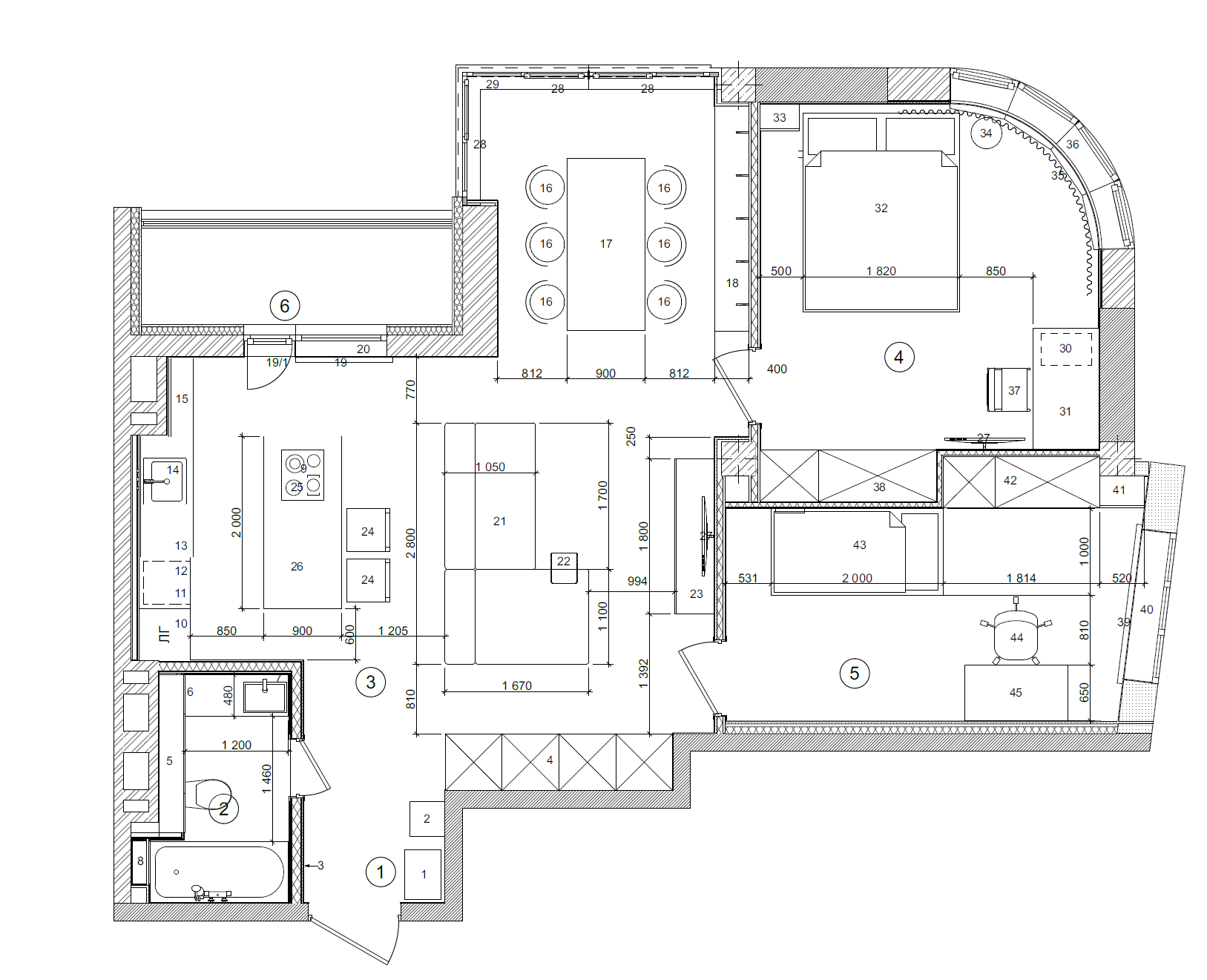 Furniture layout floor plan of the Kakhovska apartment showing room arrangement and furnishings.