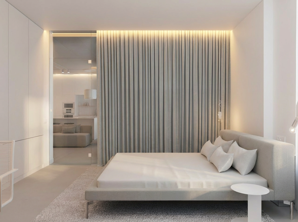 3D bedroom rendering for the Kakhovska apartment with a low bed, grey curtains and concealed lighting.
