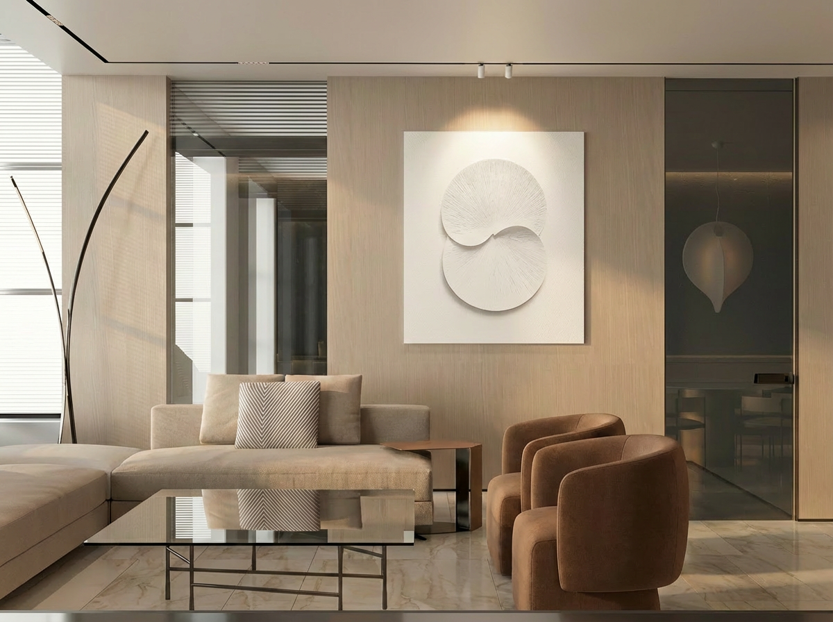 Interior design visualization of the Globy apartment living room with a beige sofa and brown armchair.