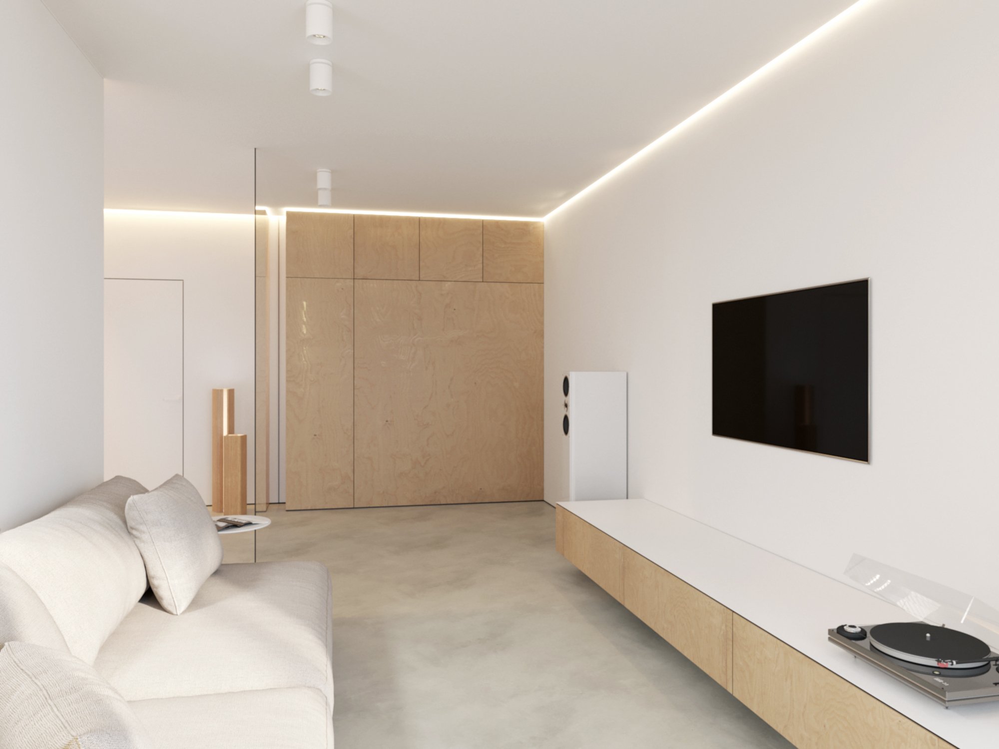 3D rendering of the Salut apartment living room with a white sofa, wall-mounted television and timber cabinets.
