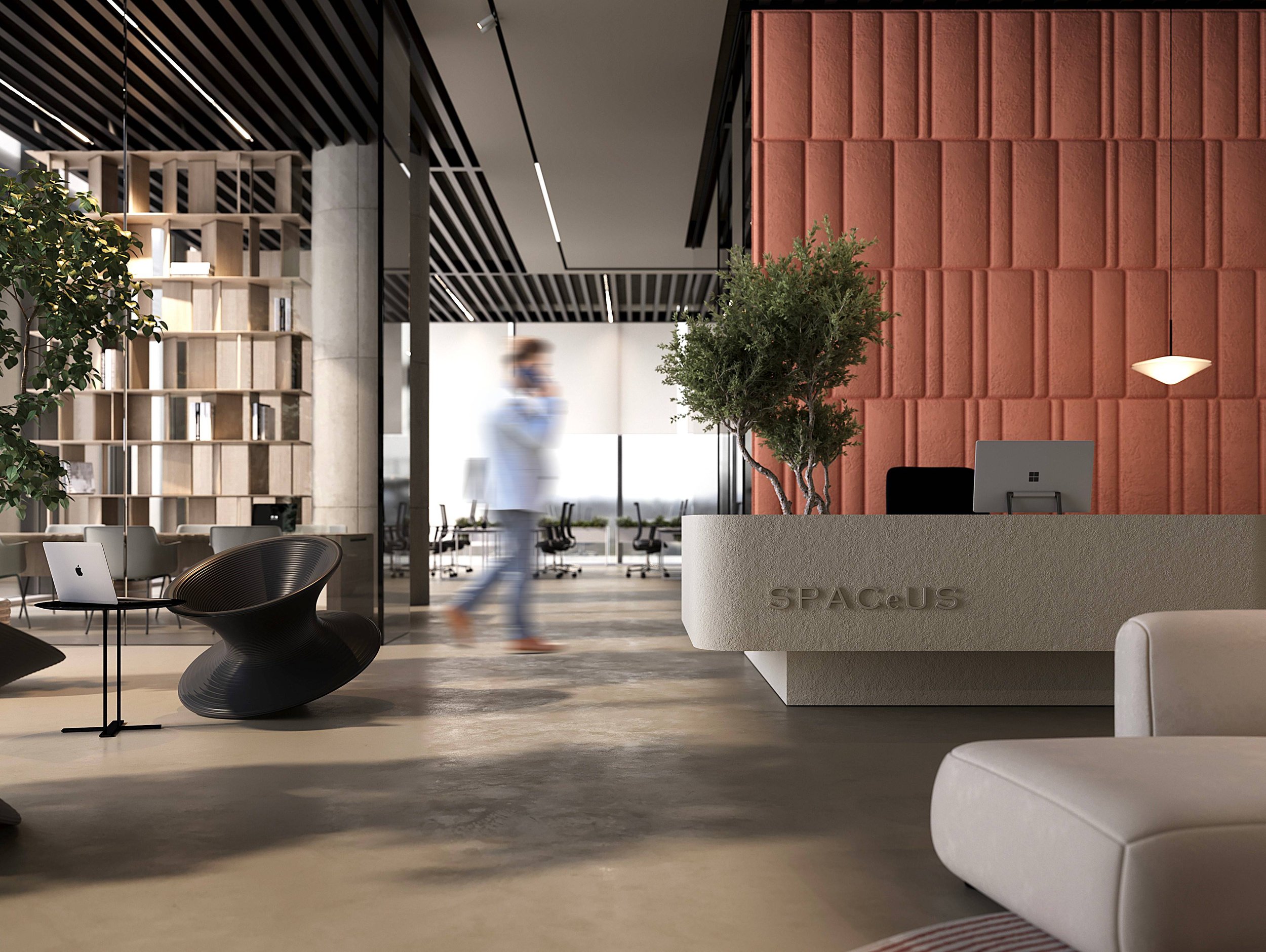 3D office interior rendering of a reception desk with a terracotta feature wall, curved seating and indoor trees.