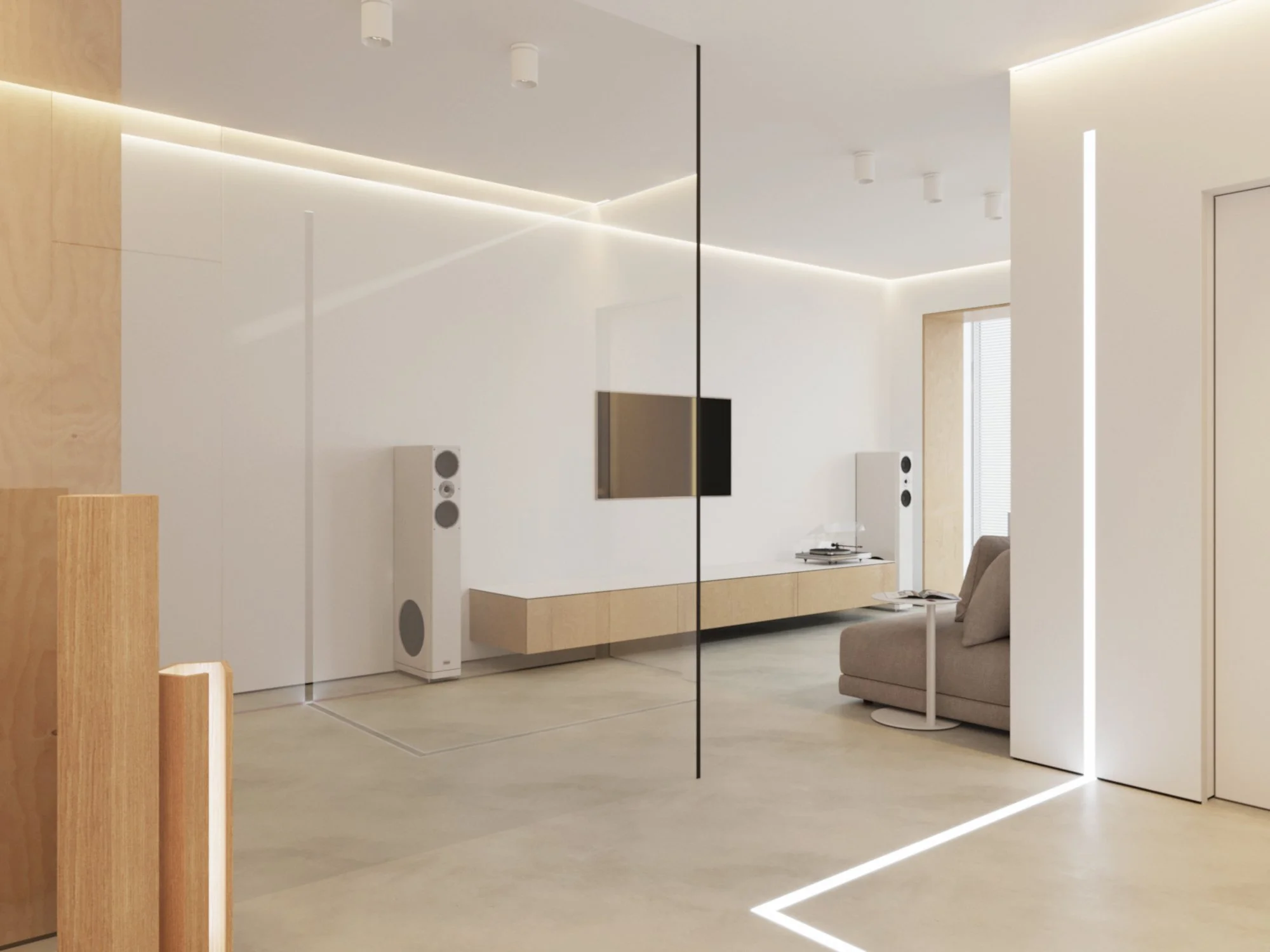 3D interior rendering of the Salut apartment with a mirrored wall and continuous linear lighting.