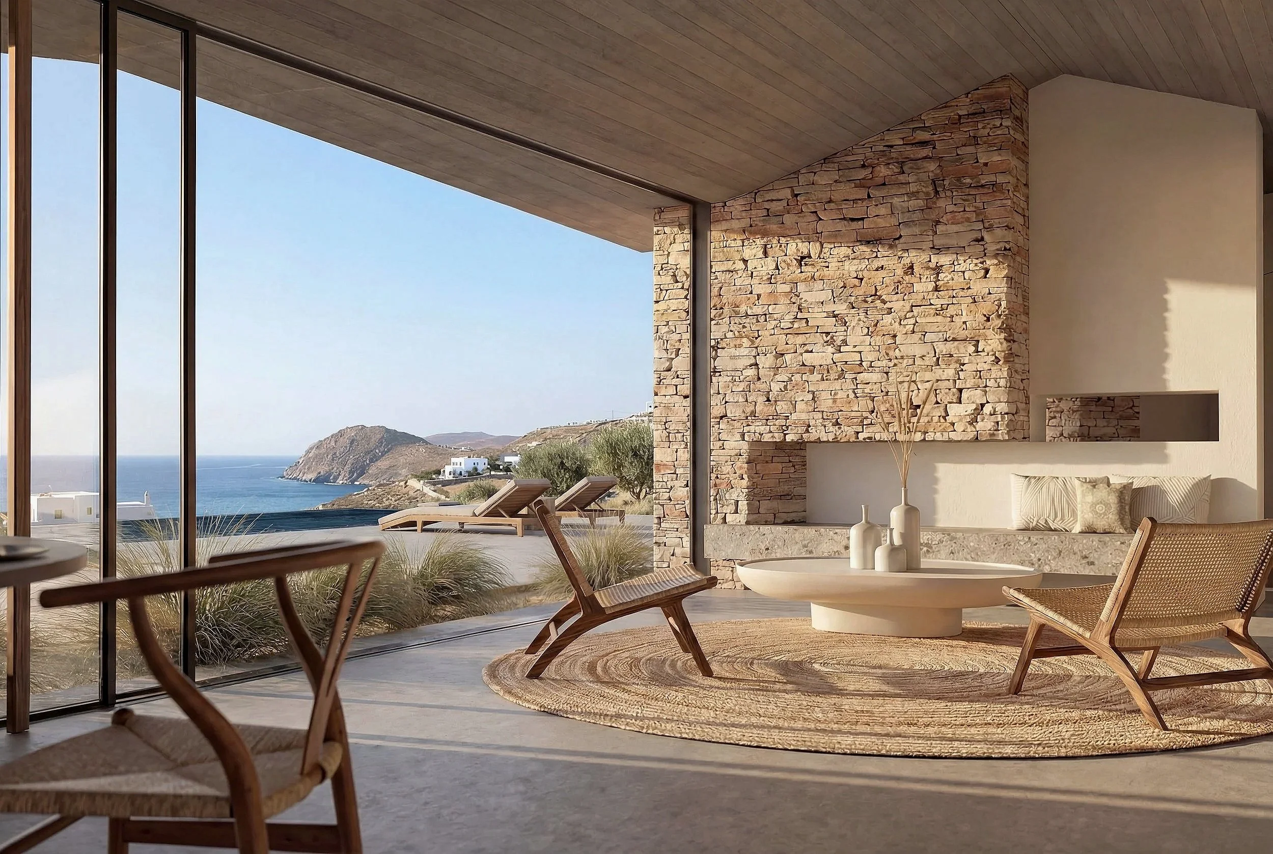 3D interior rendering of a coastal living room with stone walls, timber furniture and sea views.