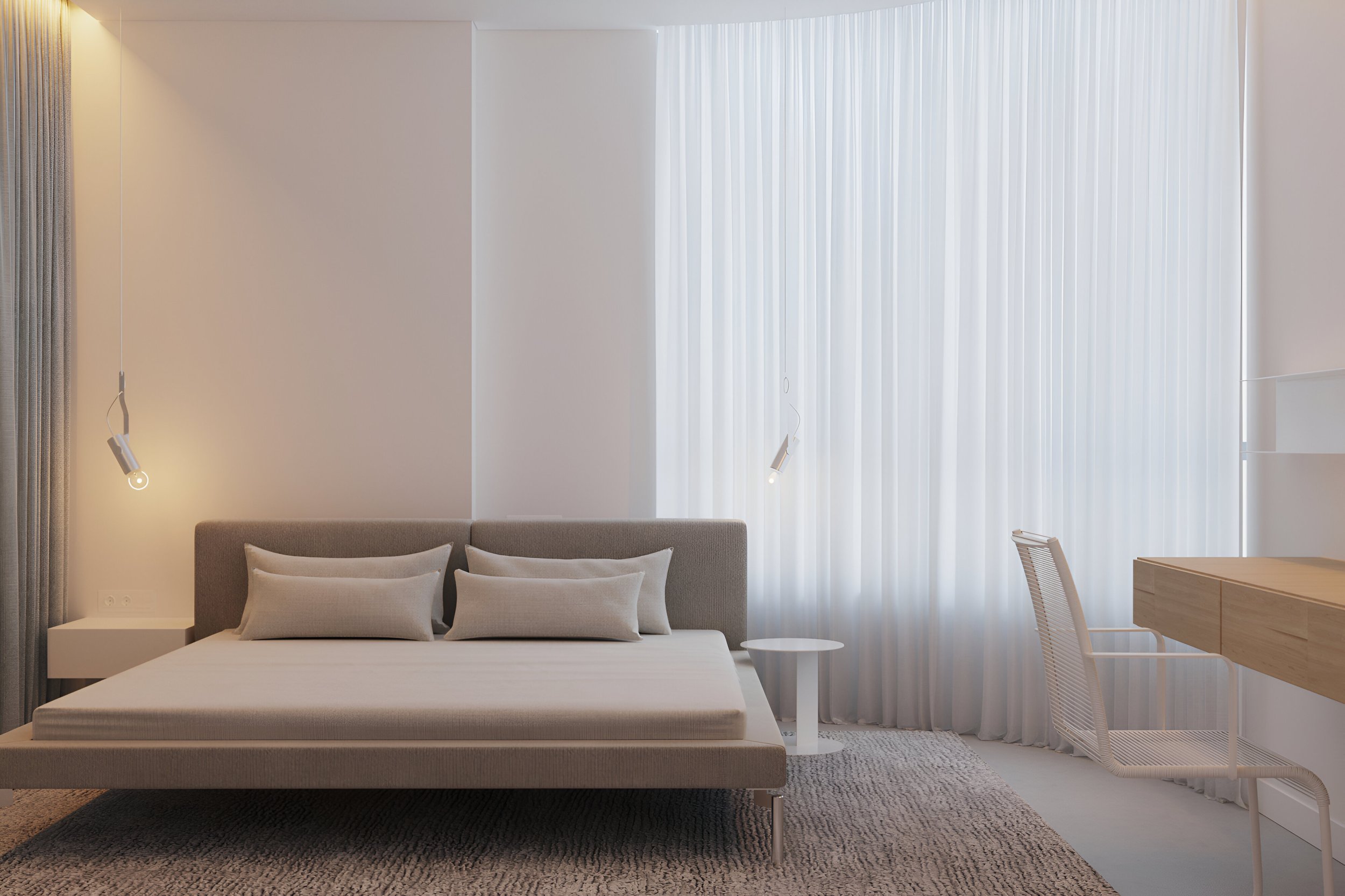 3D bedroom rendering for the Kakhovska apartment with sheer curtains, an upholstered bed and a timber desk.