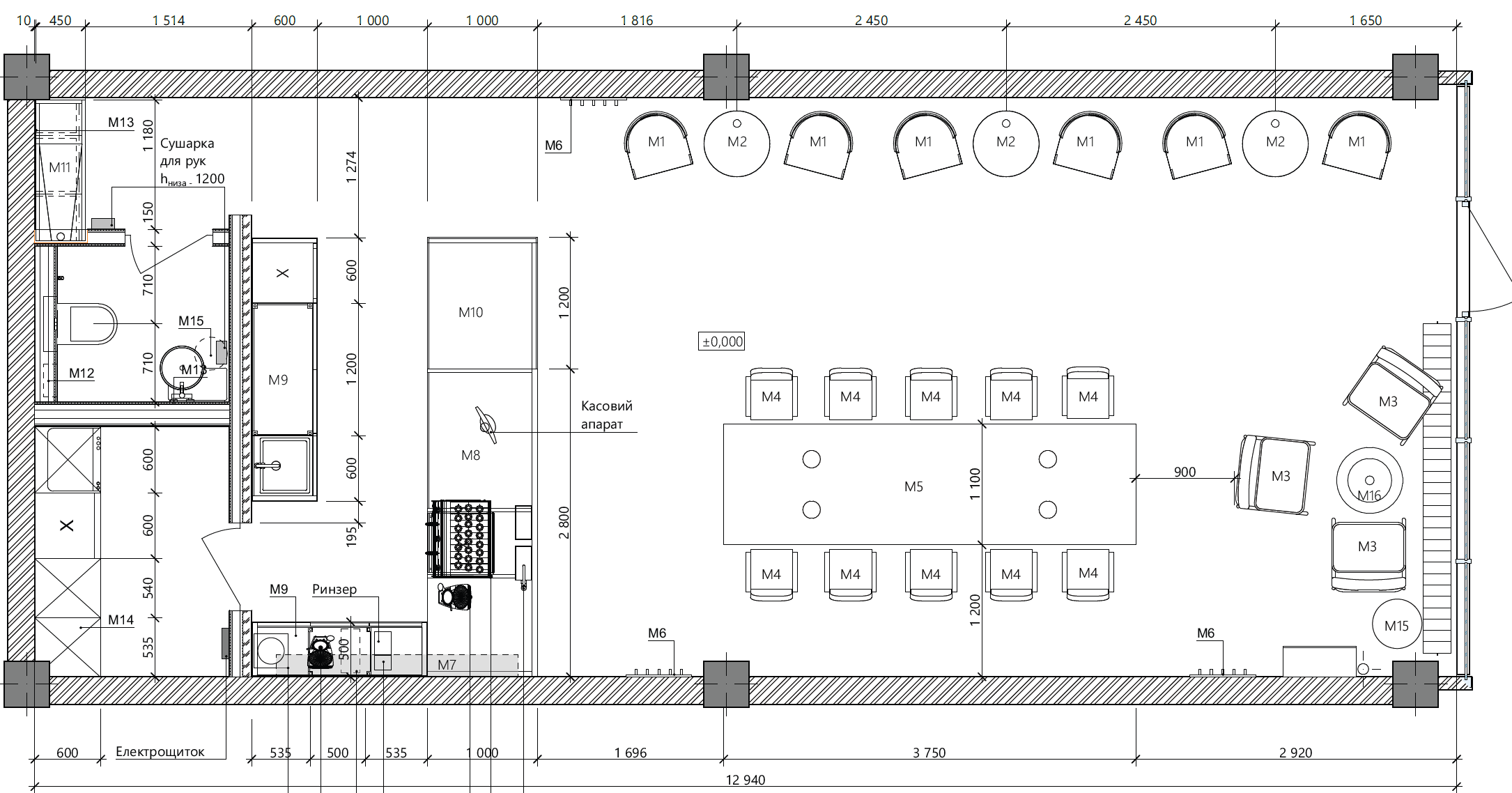 Furniture layout floor plan of Zerno Coffee Shop showing the counter, seating and support spaces.