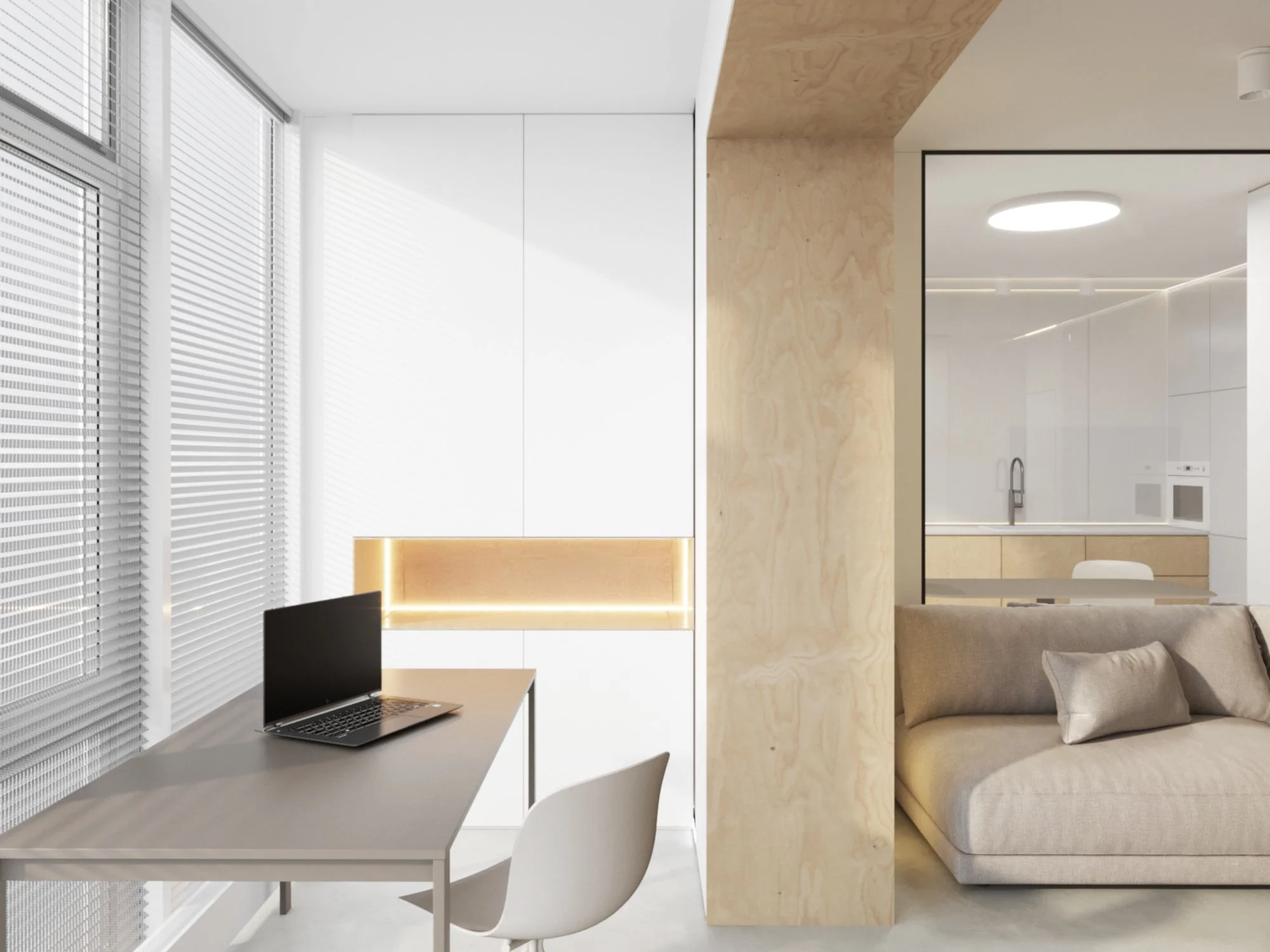 3D interior rendering of a window-side workspace and mirrored living area in the Salut apartment.