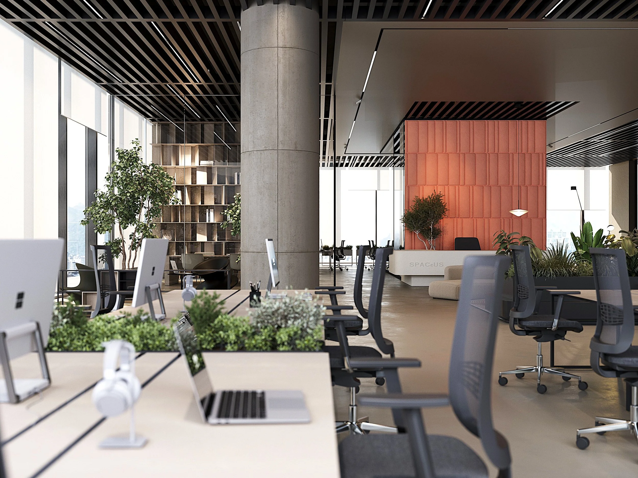3D interior rendering of an open-plan office with shared desks, plants and a terracotta feature wall.