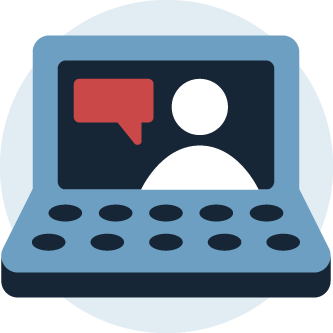 Illustration of a computer with a speech bubble and a person icon on the screen.