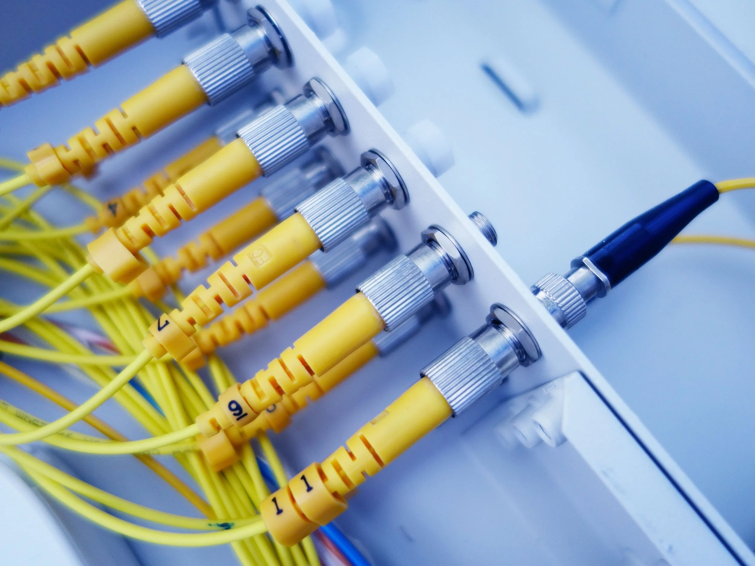 Close-up of yellow fiber optic cables connected to a panel with metal connectors in a telecommunications or data networking setup.