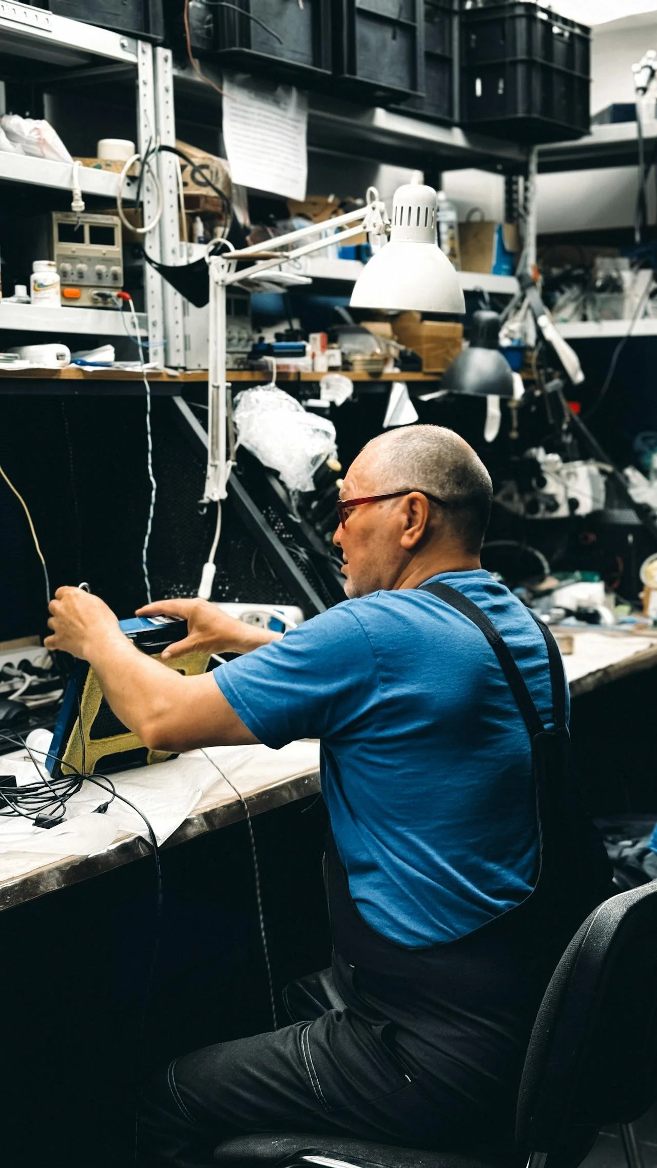 A man working at a cluttered electronics workstation with shelves of tools and equipment behind him.