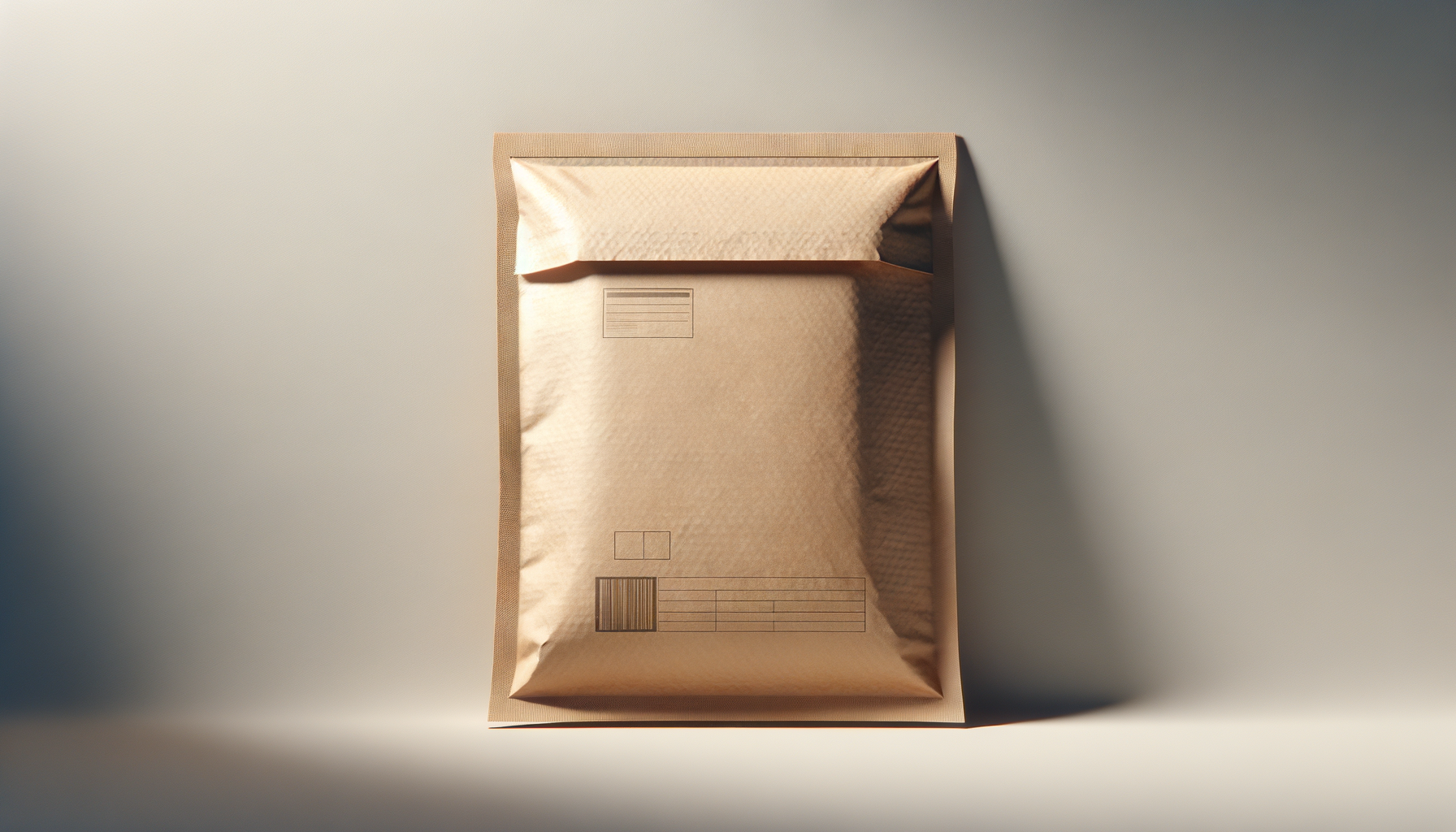 A sealed, brown shipping envelope or bag with some printed markings, placed against a plain background with soft lighting and shadows.