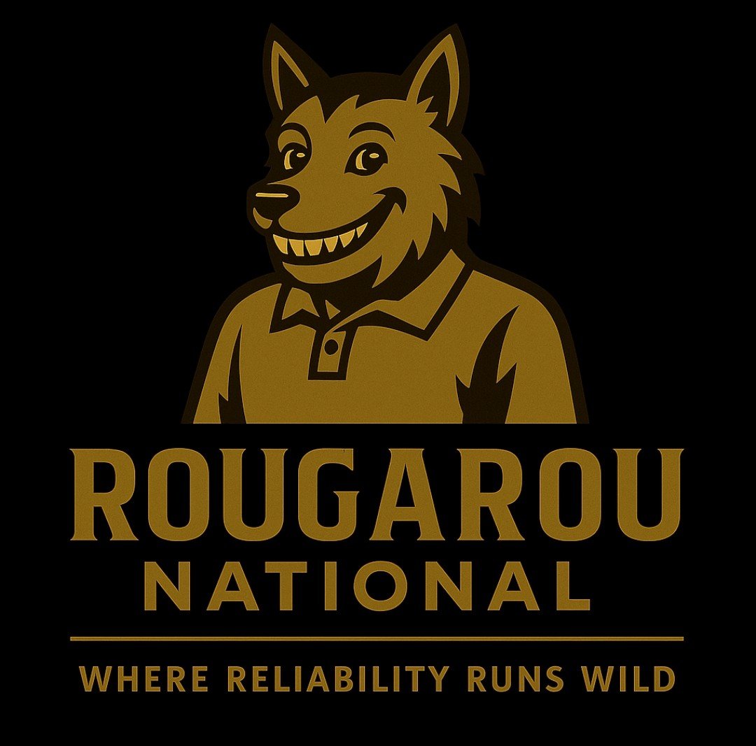 Logo for Rougarou National featuring a cartoon wolf with human body, wearing a collared shirt, and the slogan 'Where Reliability Runs Wild'.