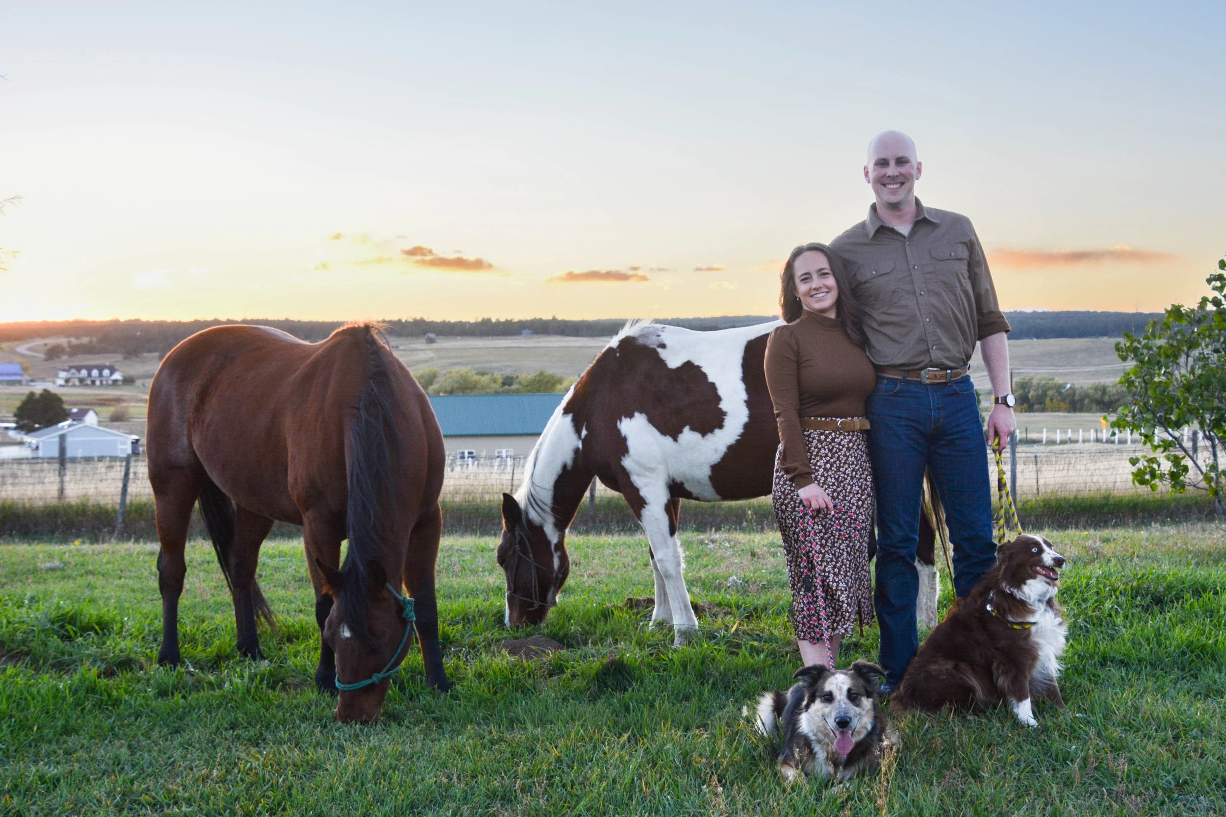 Two people smiling and standing together outdoors with two horses and two dogs during sunset, in a farm setting.