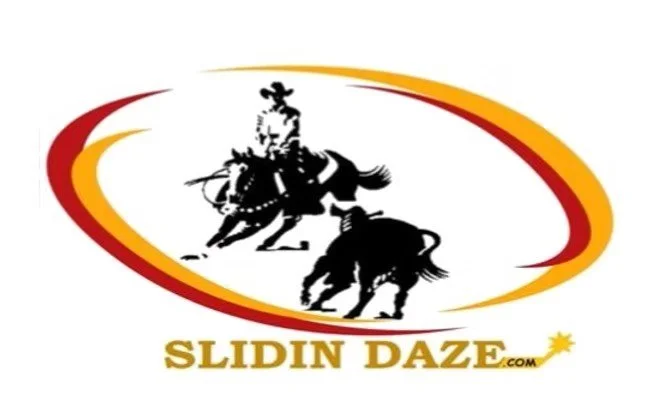 Logo featuring two cowboys riding horses with a swoosh design in red, orange, and yellow, and the text "SLIDIN DAZE" at the bottom.