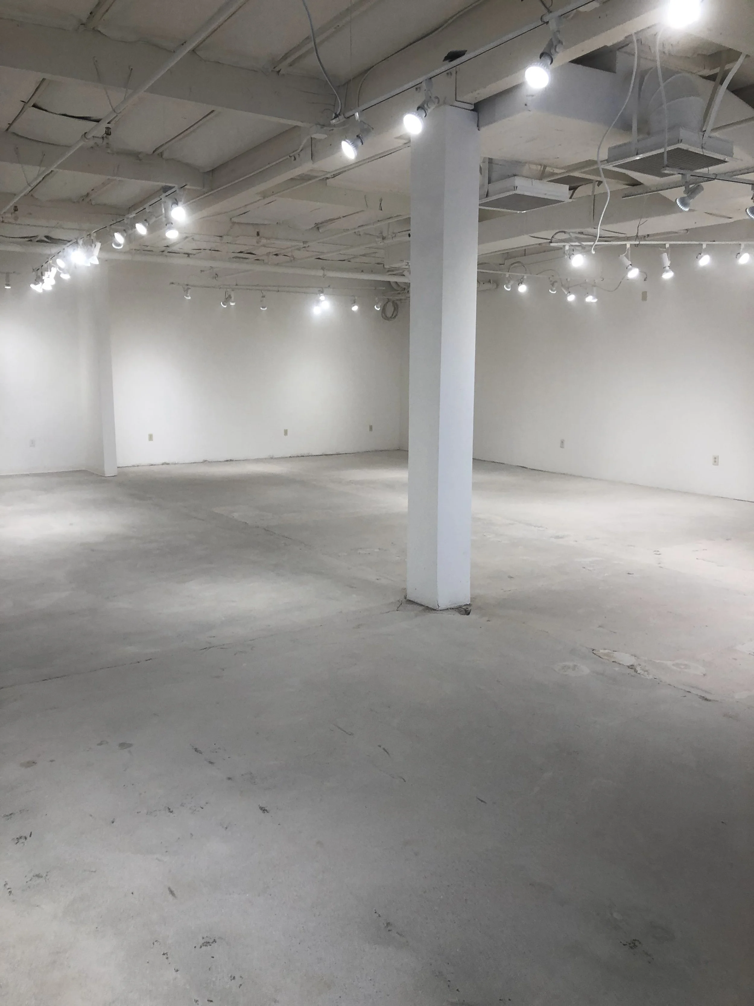 Empty interior space with concrete floors and white painted walls, featuring a central white pillar and ceiling-mounted track lighting with multiple spotlights.