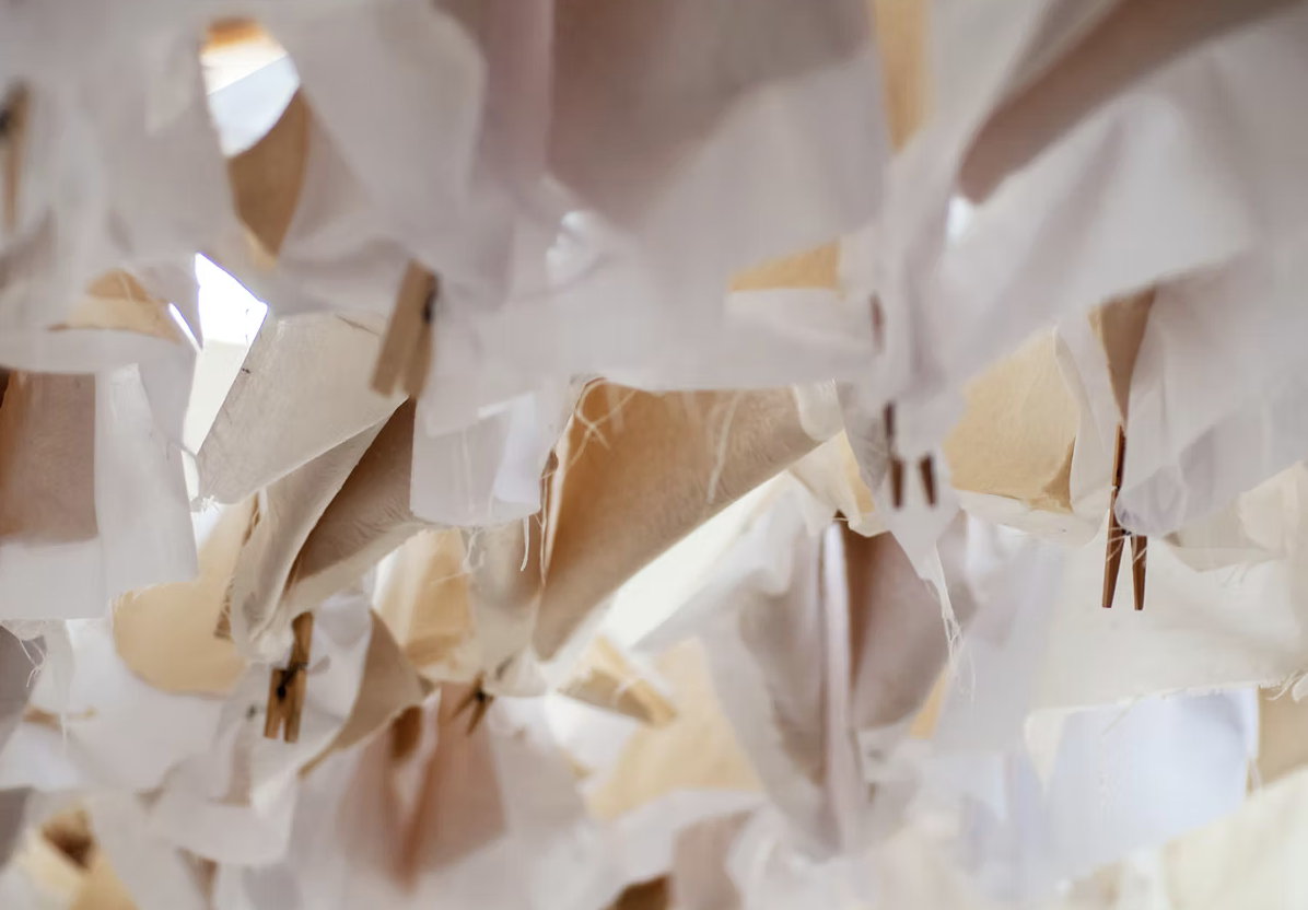 Close-up view of several crumpled white paper sheets clipped to a string with wooden clothespins.