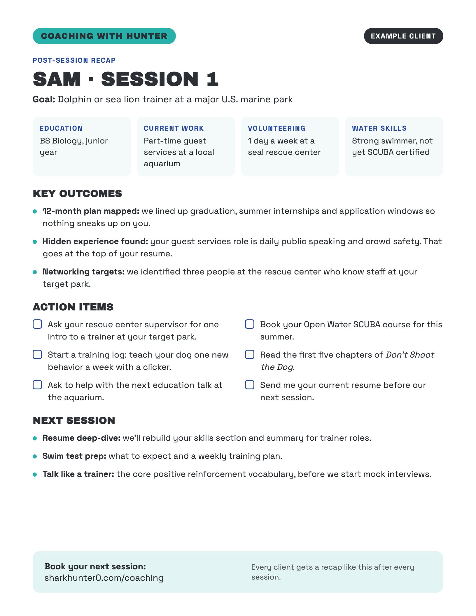 Example of a post-session coaching recap from Hunter Wortmann.