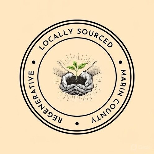 A logo with a central illustration of two hands holding soil with a small plant. Surrounding the illustration are the words "Locally Sourced," "Marine County," "Rejuvenative," and "Marin County" in a circular arrangement.