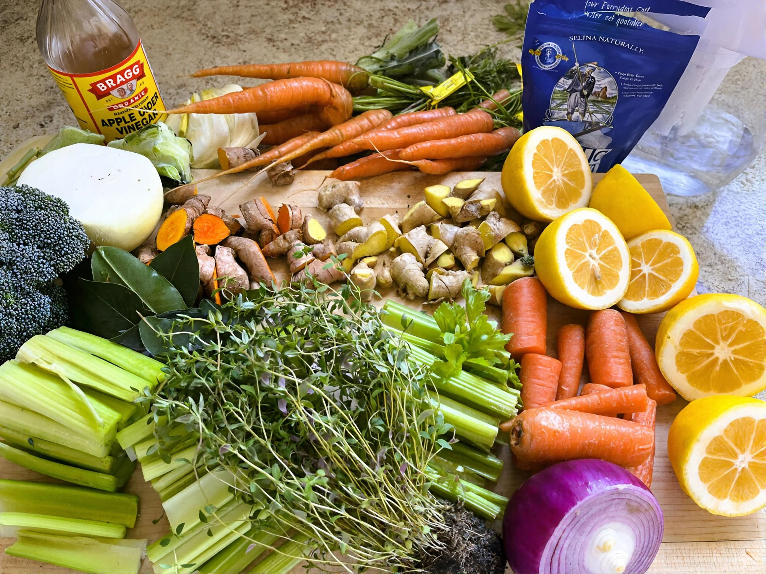 Fresh vegetables and herbs including carrots, lemons, ginger, celery, red onion, broccoli, garlic, and leafy greens on a wooden surface, with some packaged ingredients in the background.