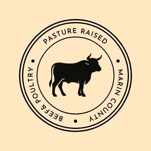 A circular logo with the text 'BEETR & POULTRY' and 'MARIN COUNTY PASTURE RAISED' surrounding a silhouette of a cow.