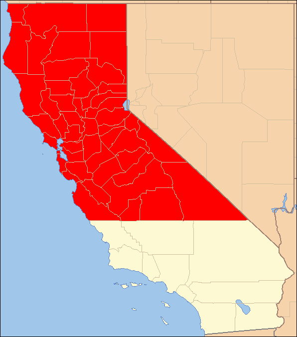 Map of California highlighting the northern and central counties in red.