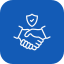 A blue outline of a handshake icon.