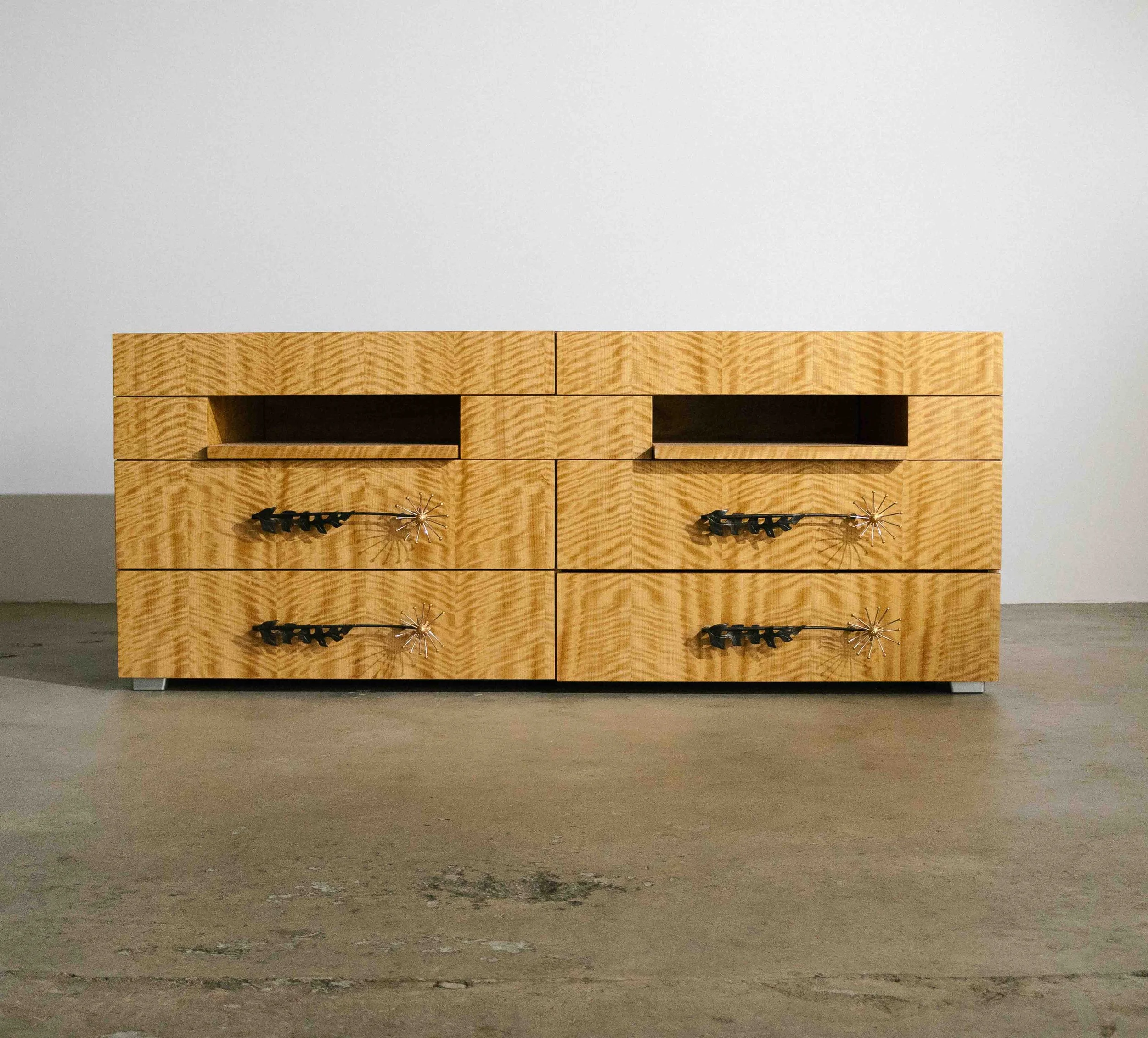 Custom Tiger Maple Commode with Sculptural Pulls, Canada, 1980s