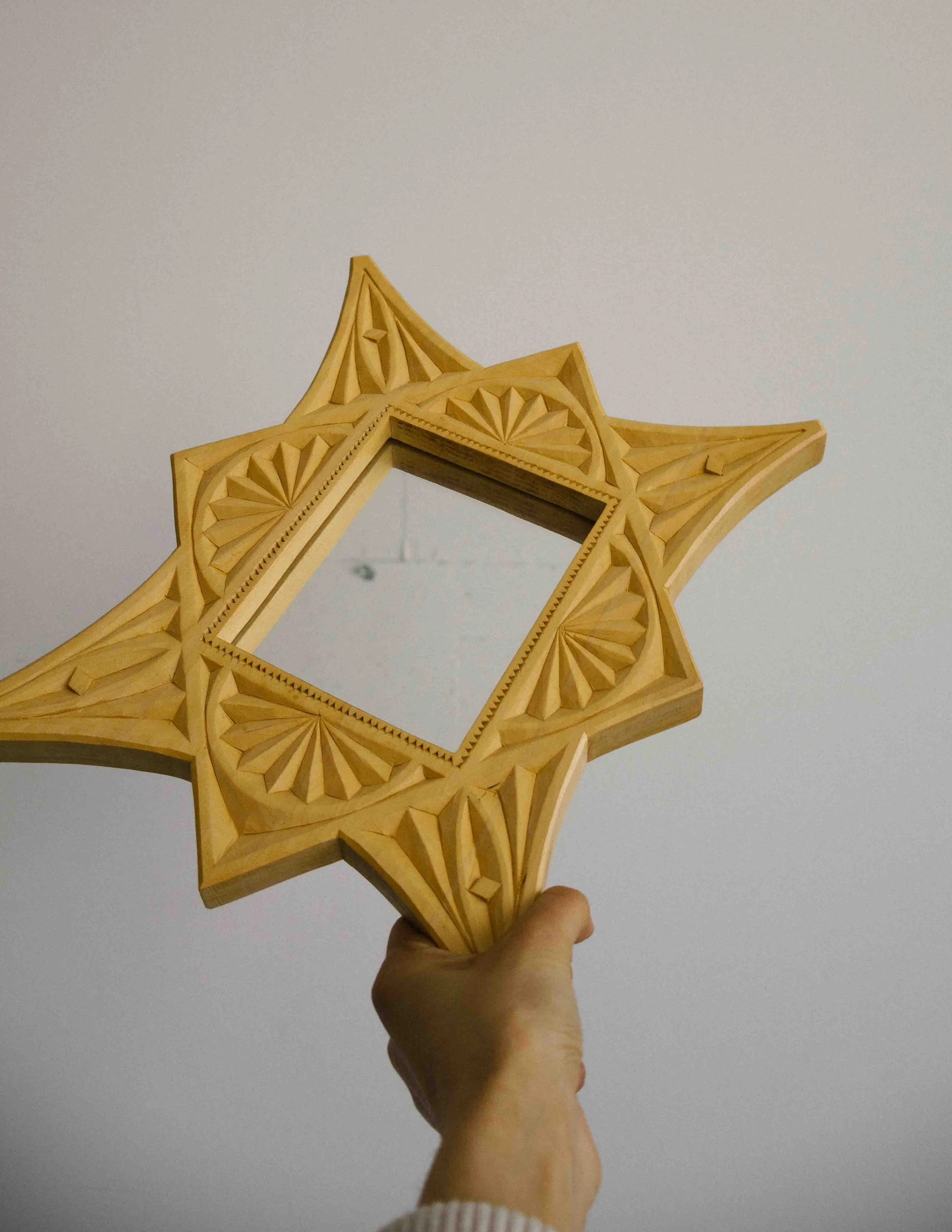 Hand-Carved Geometric Mirror vintage tramp art desing montreal quebec