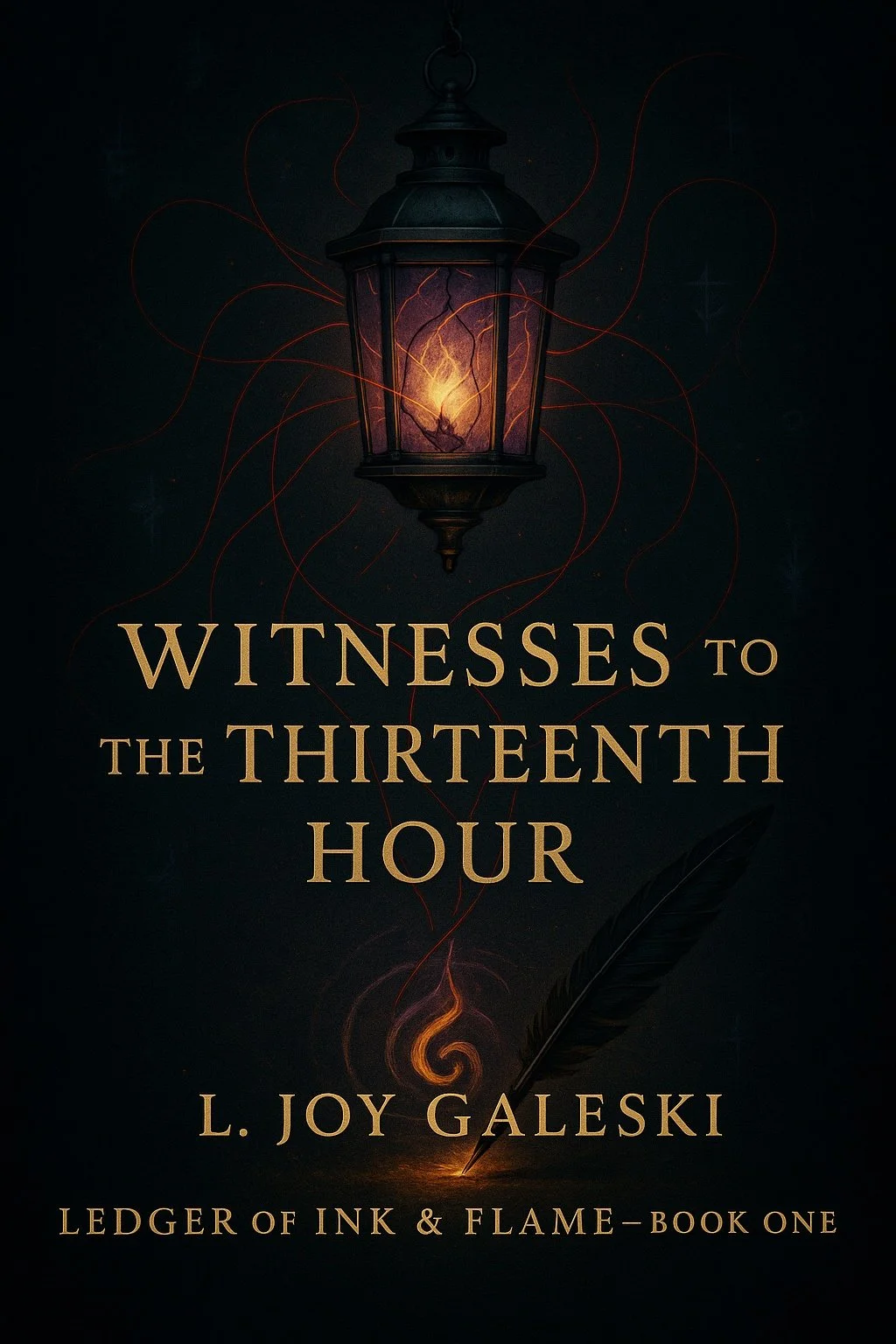 Book cover for 'Witnesses to the Thirteenth Hour' by L. Joy Galeski, featuring a lit lantern and a quill pen with dark background.