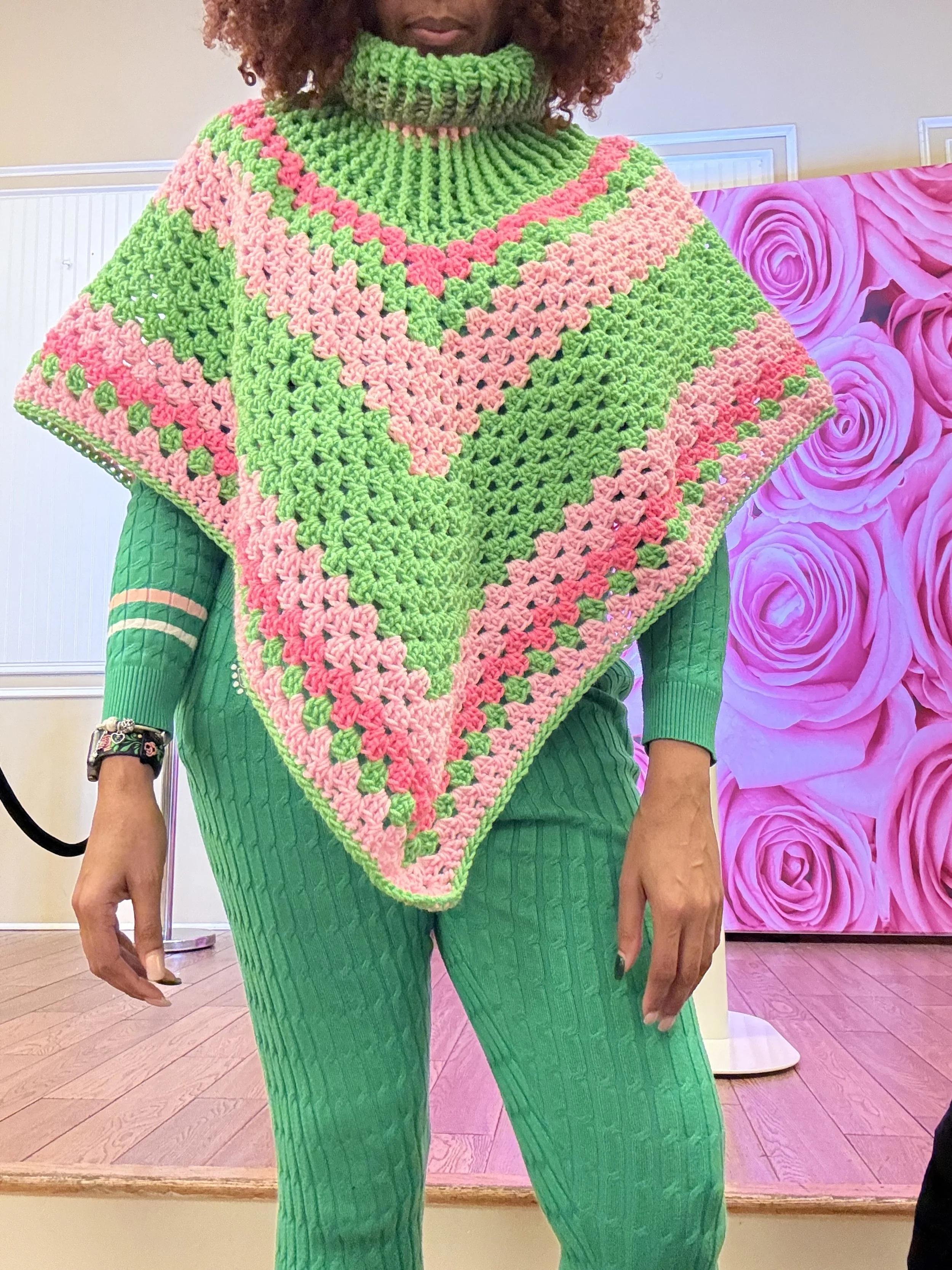 Pink Green Crochet Poncho