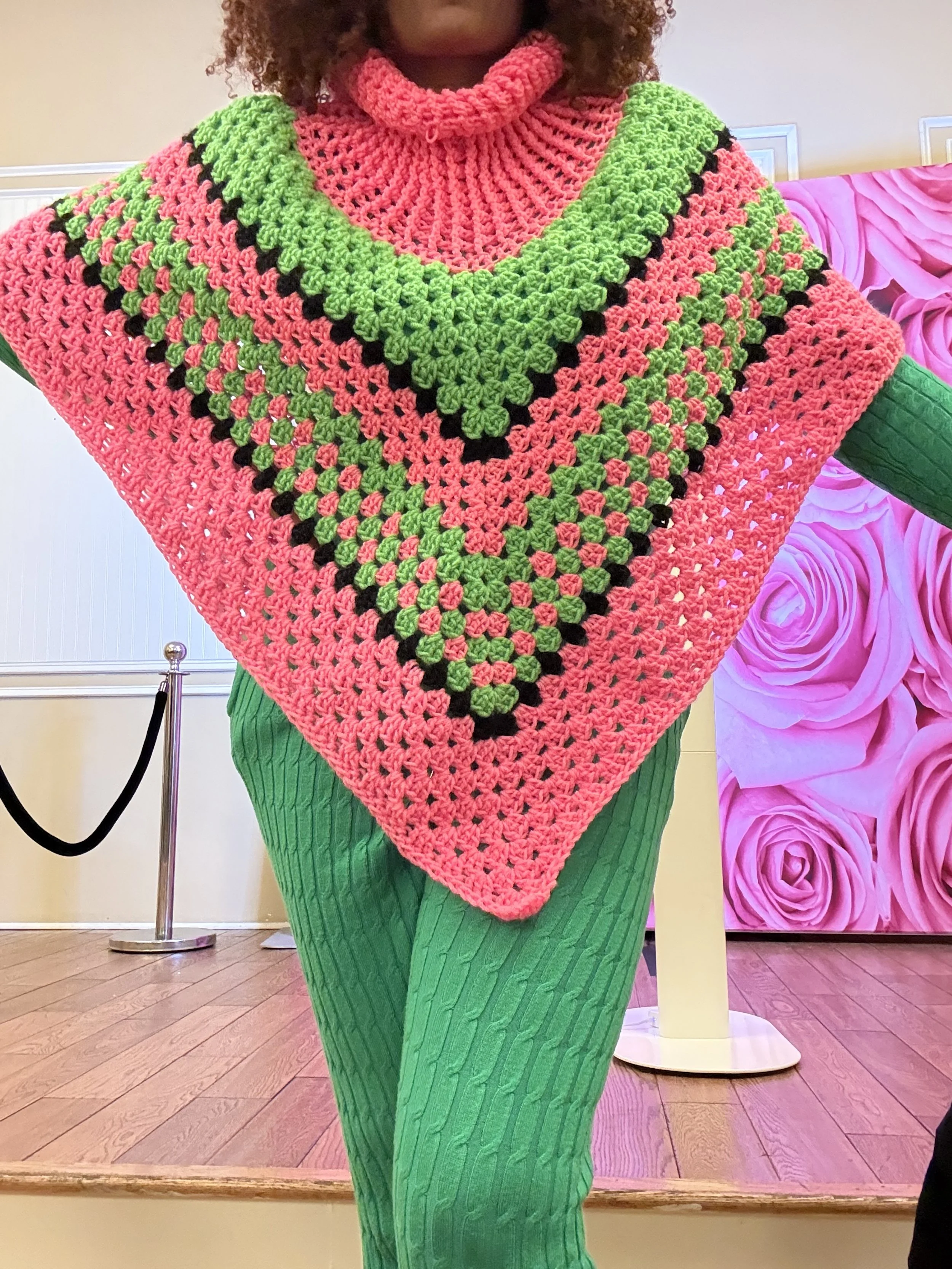Pink green and Black Crochet Poncho