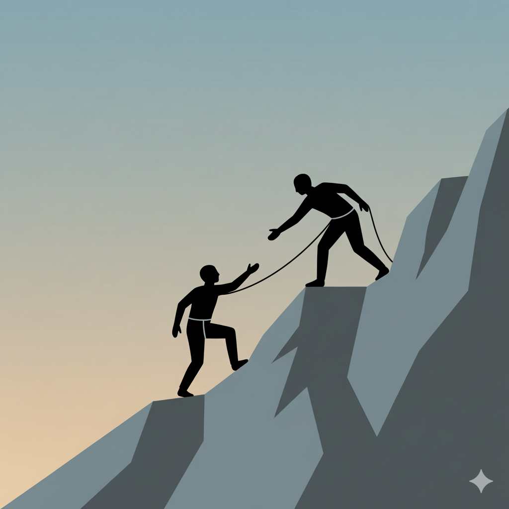 Snow-covered mountain peaks shrouded in clouds and fog.