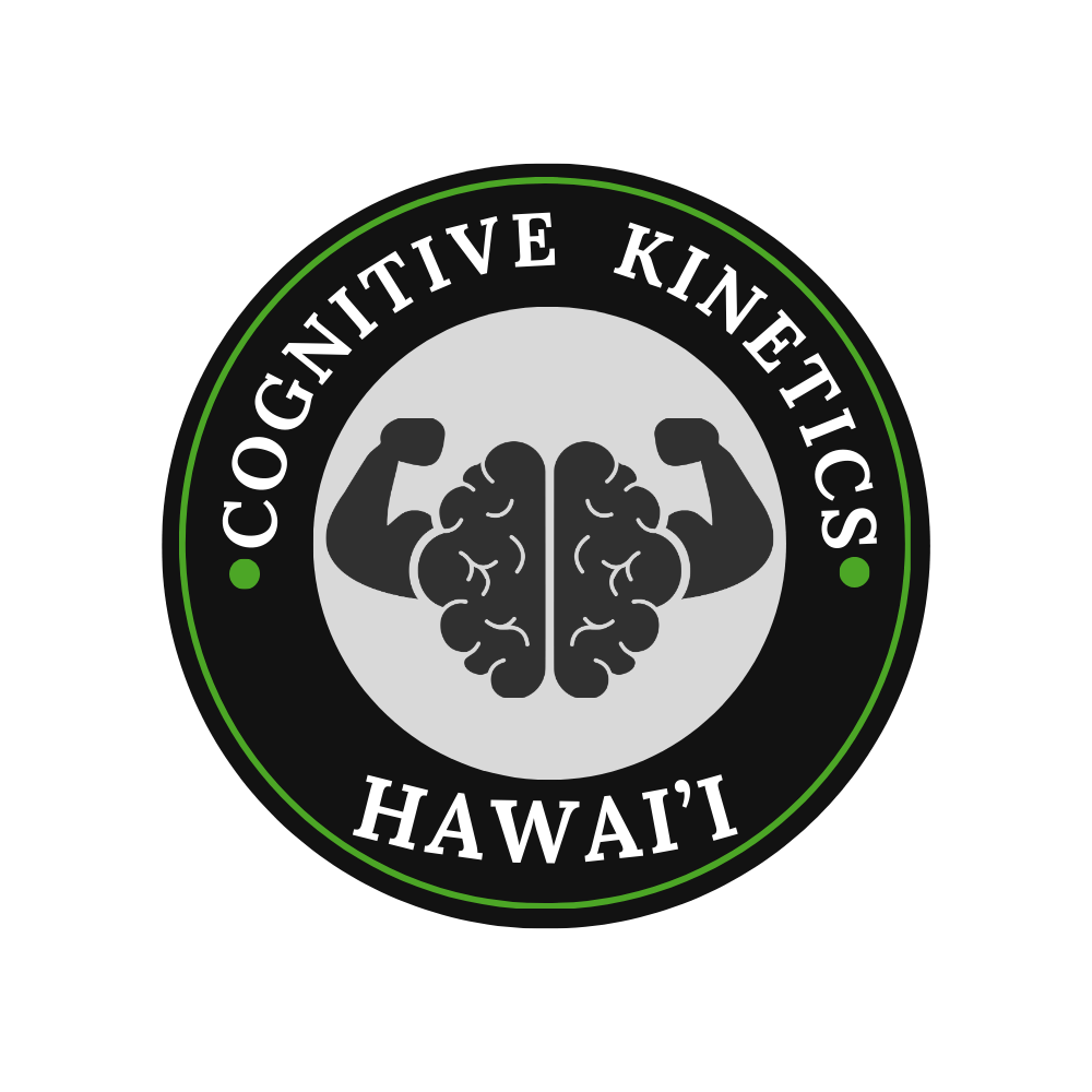 A circular logo with the words "Cognitive Kinetics Hawaii" around the edge, and a graphic of a brain with flexed arms in the center, on a black background.